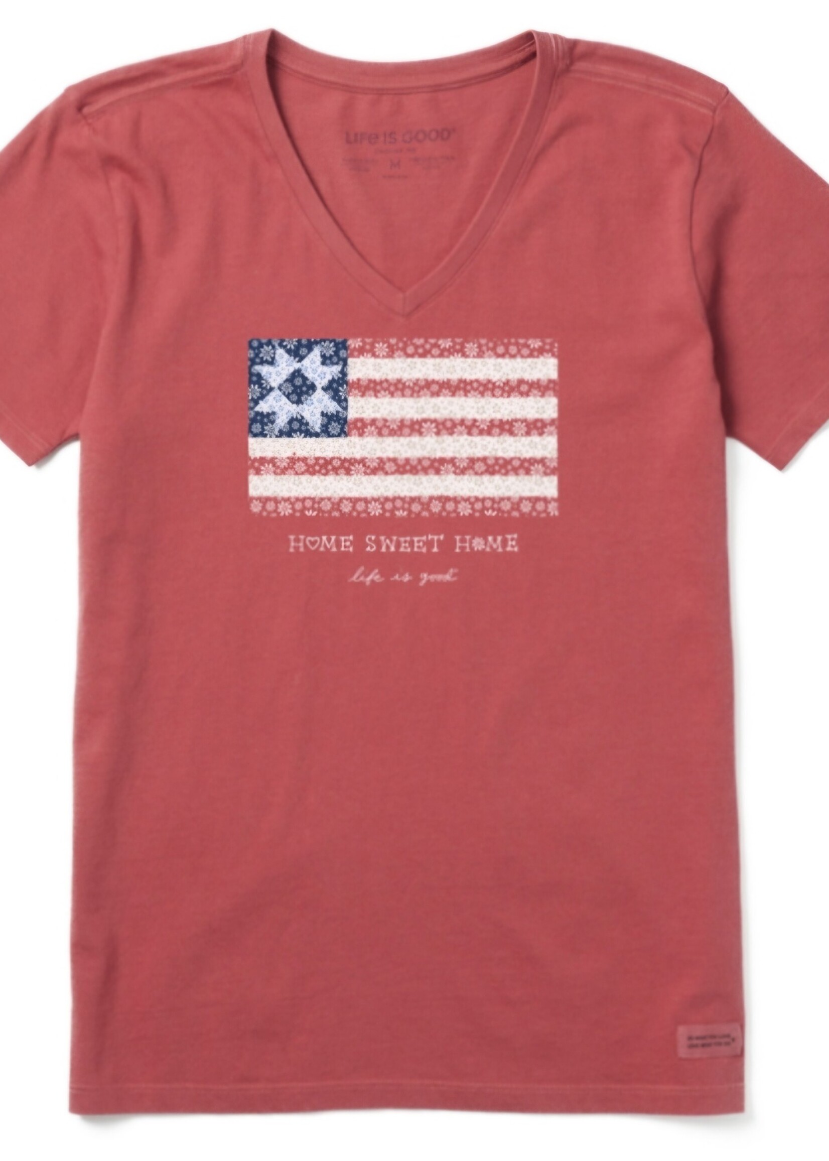Life is Good Womans Home Sweet Home Quilted Flag Crusher Tee