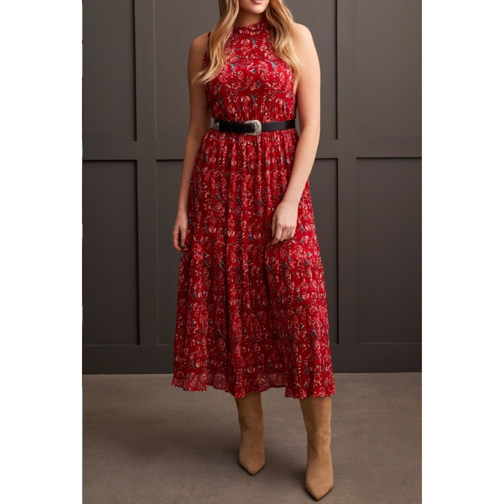 Printed Plisse Halter Maxi Dress Scarlet