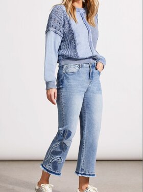 Tribal Sophia Microflare Crop W Denim Applique Flower Blue