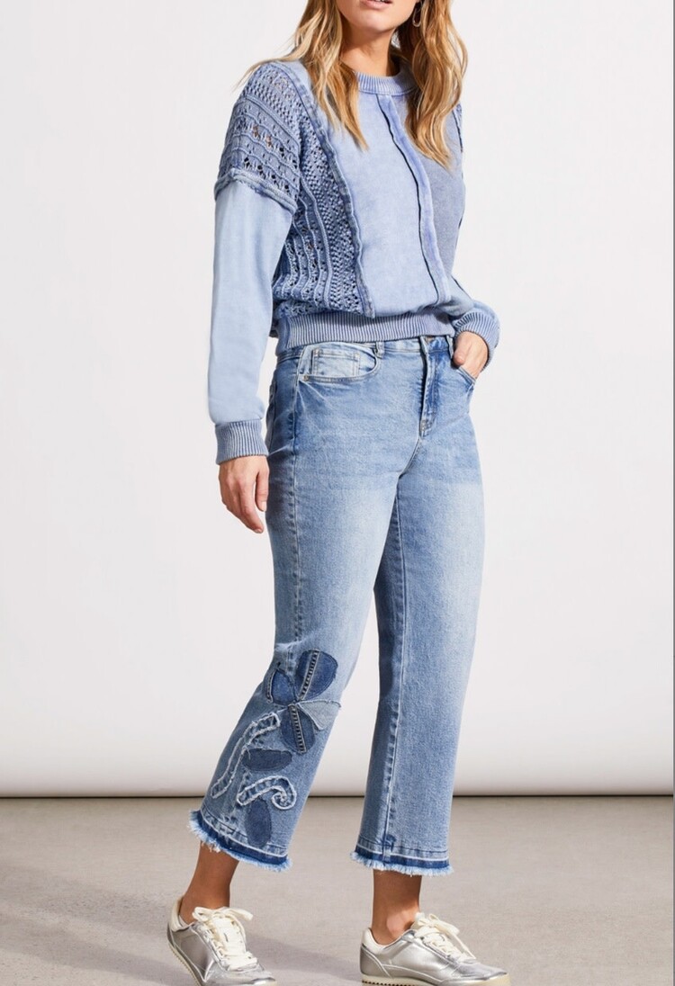 Tribal Sophia Microflare Crop W Denim Applique Flower Blue