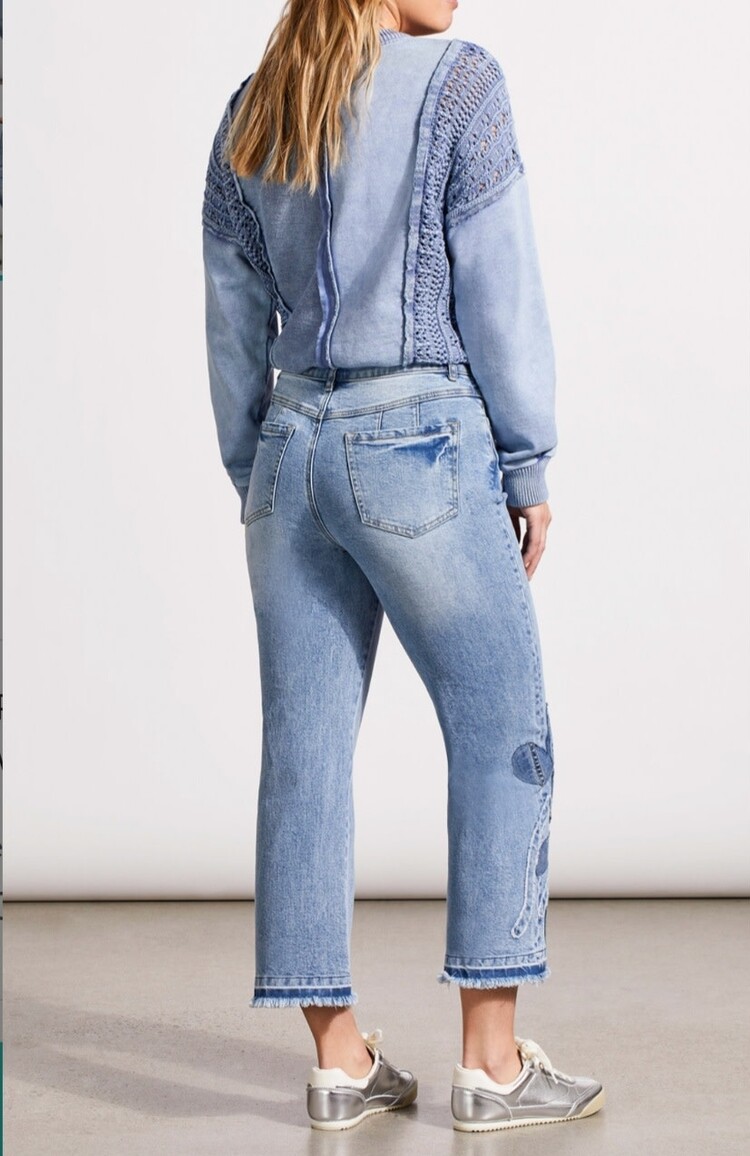 Tribal Sophia Microflare Crop W Denim Applique Flower Blue