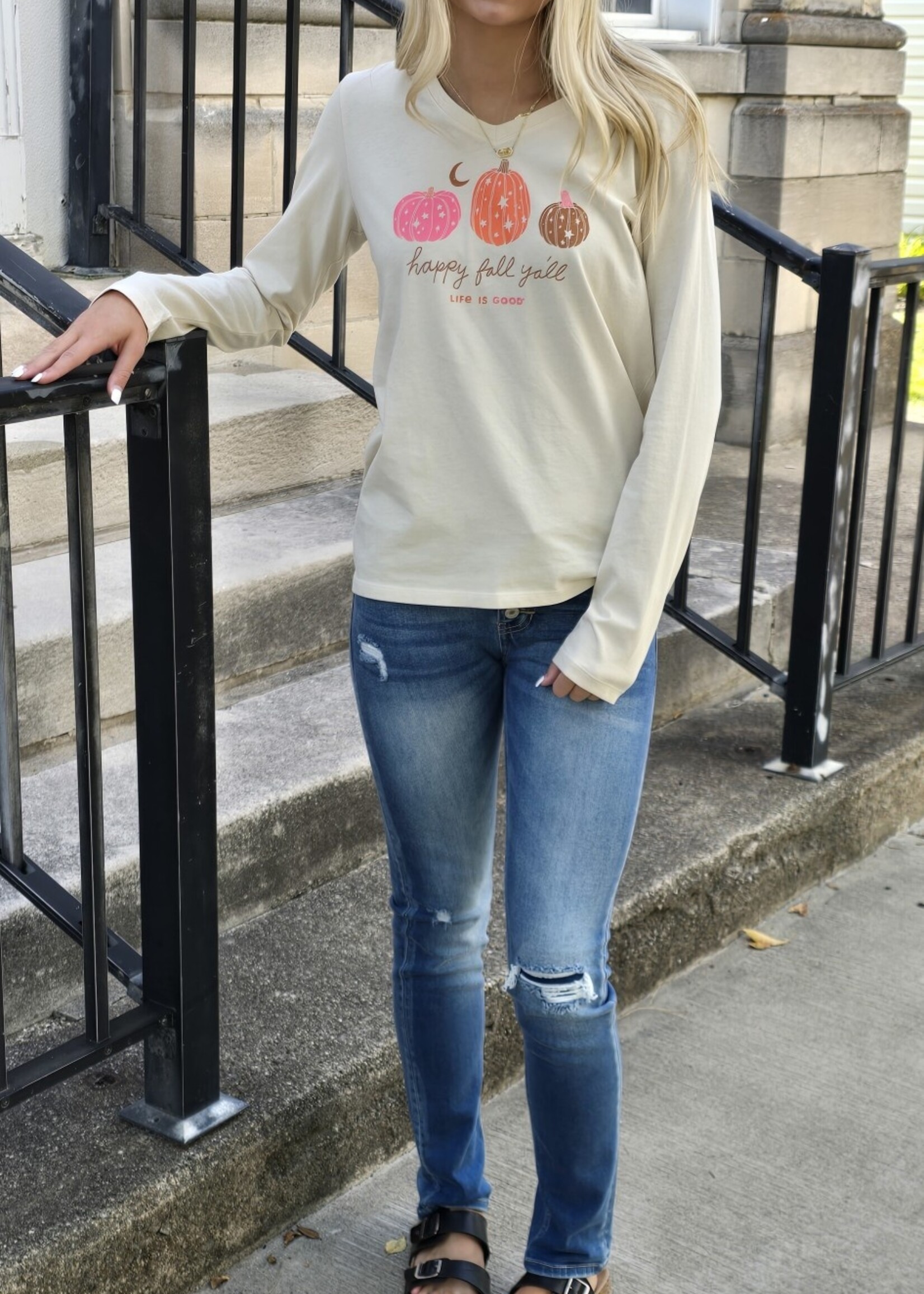 Life is Good Womans Woodcut Celestial Pumpkins Long Sleeve