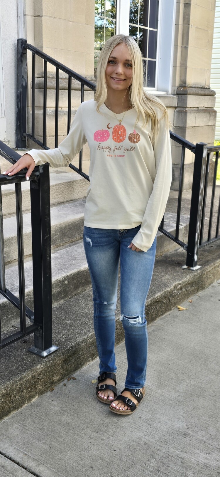 Life is Good Womans Woodcut Celestial Pumpkins Long Sleeve