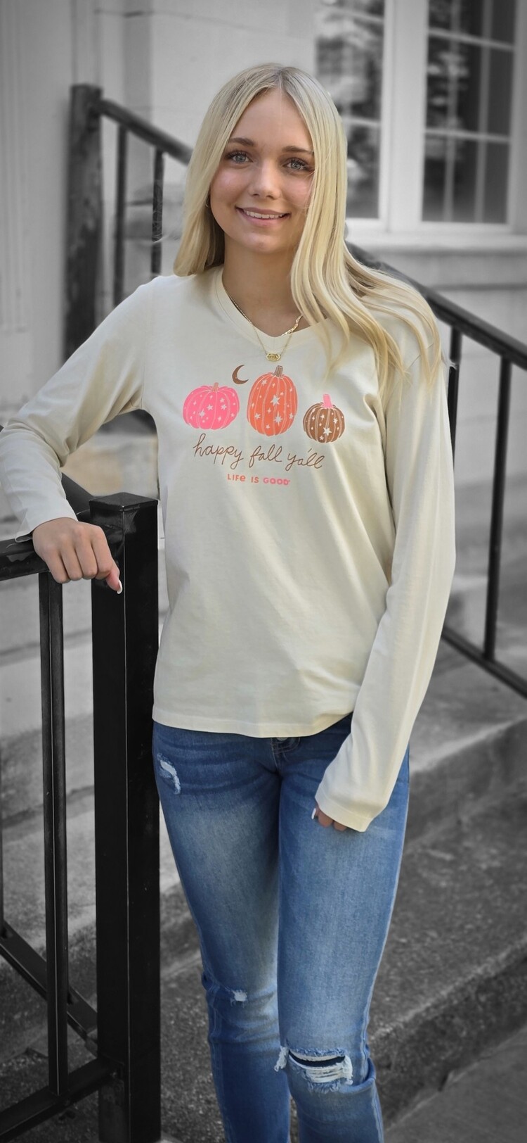 Life is Good Womans Woodcut Celestial Pumpkins Long Sleeve