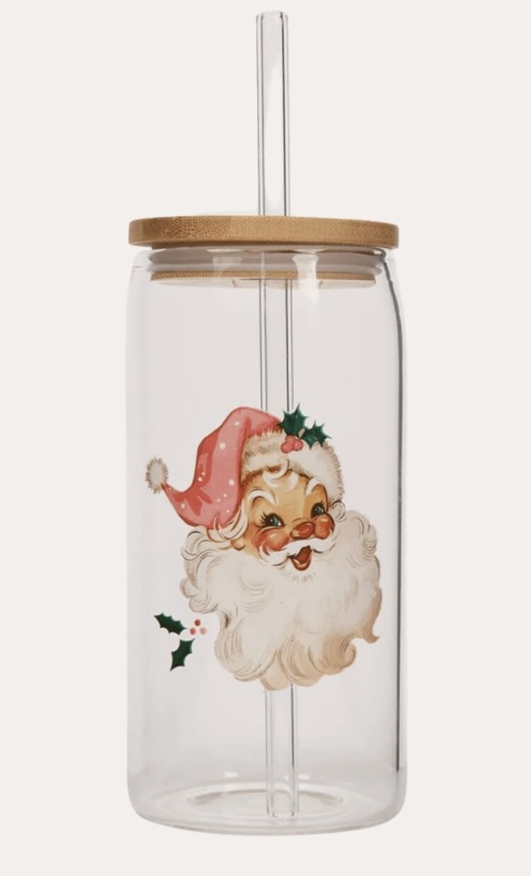 Sweet Water Decor Vintage Santa 17 oz Can Glass with lid and straw