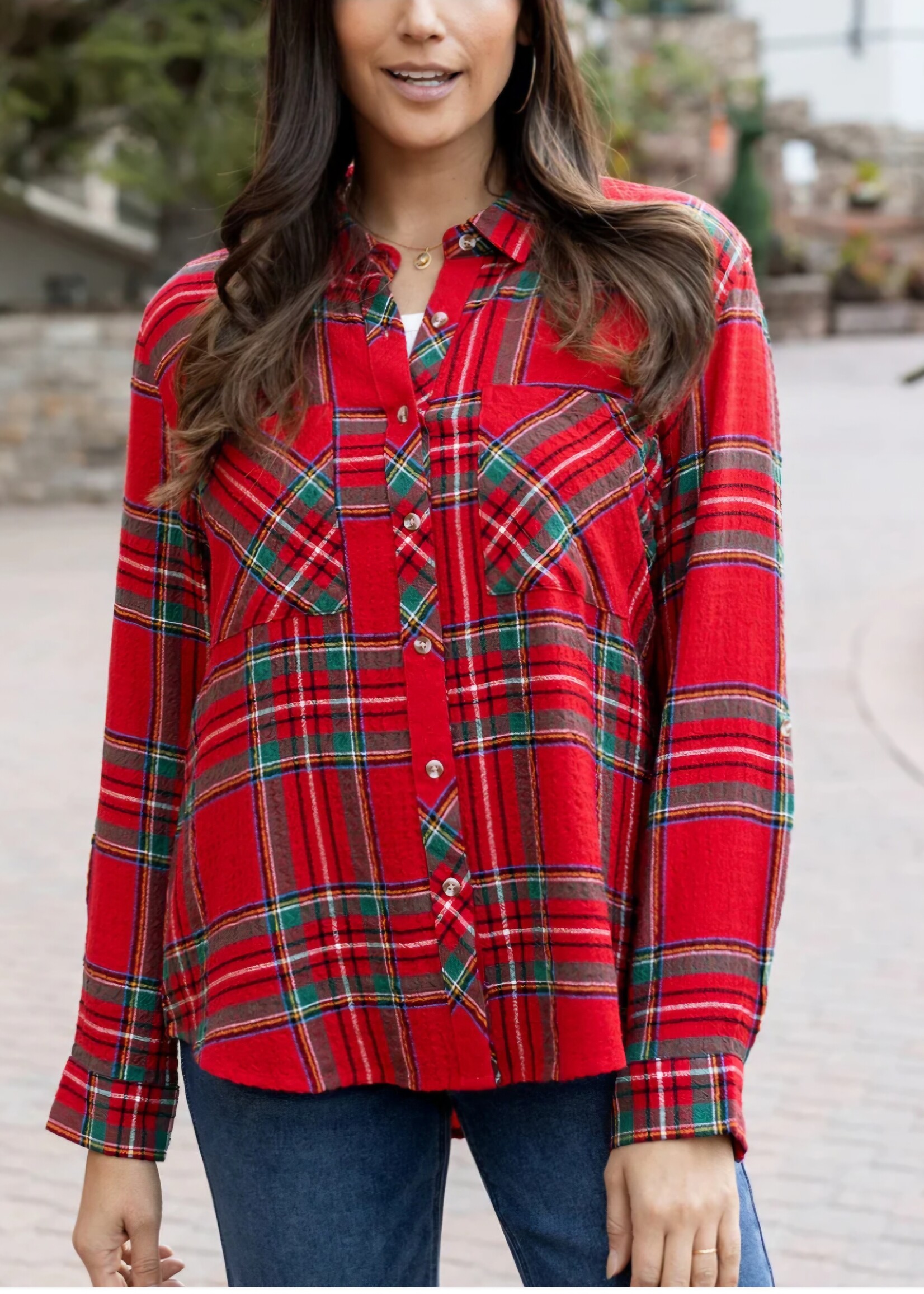 Grace & Lace Christmas plaid Favorite Button up
