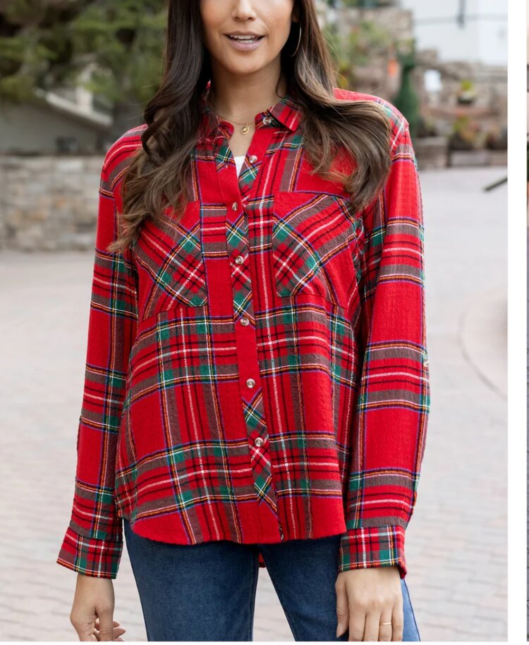 Grace & Lace Christmas plaid Favorite Button up