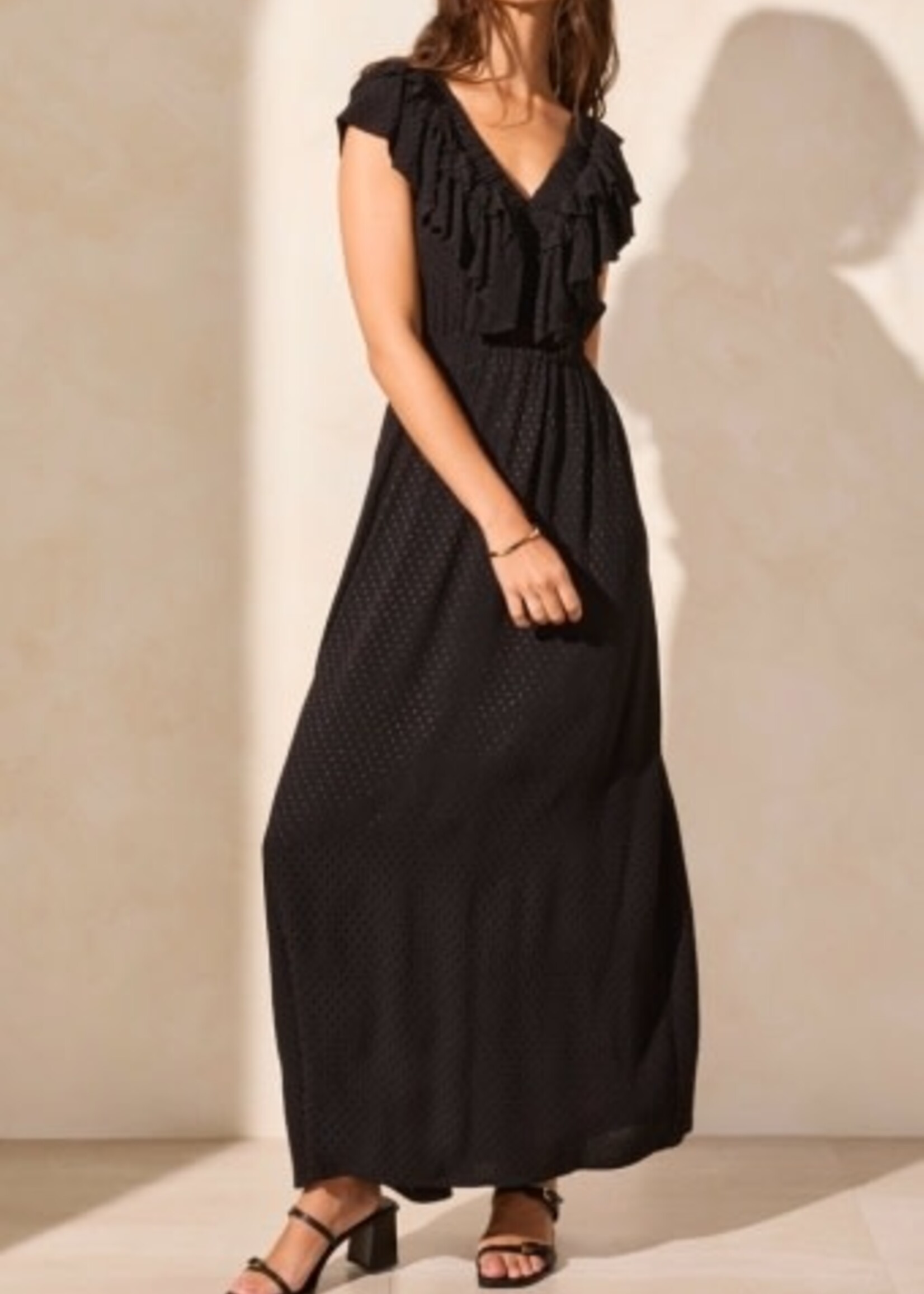Tribal MAXI DRESS W/ FRILL DTL & BK CUTOUT-BLACK