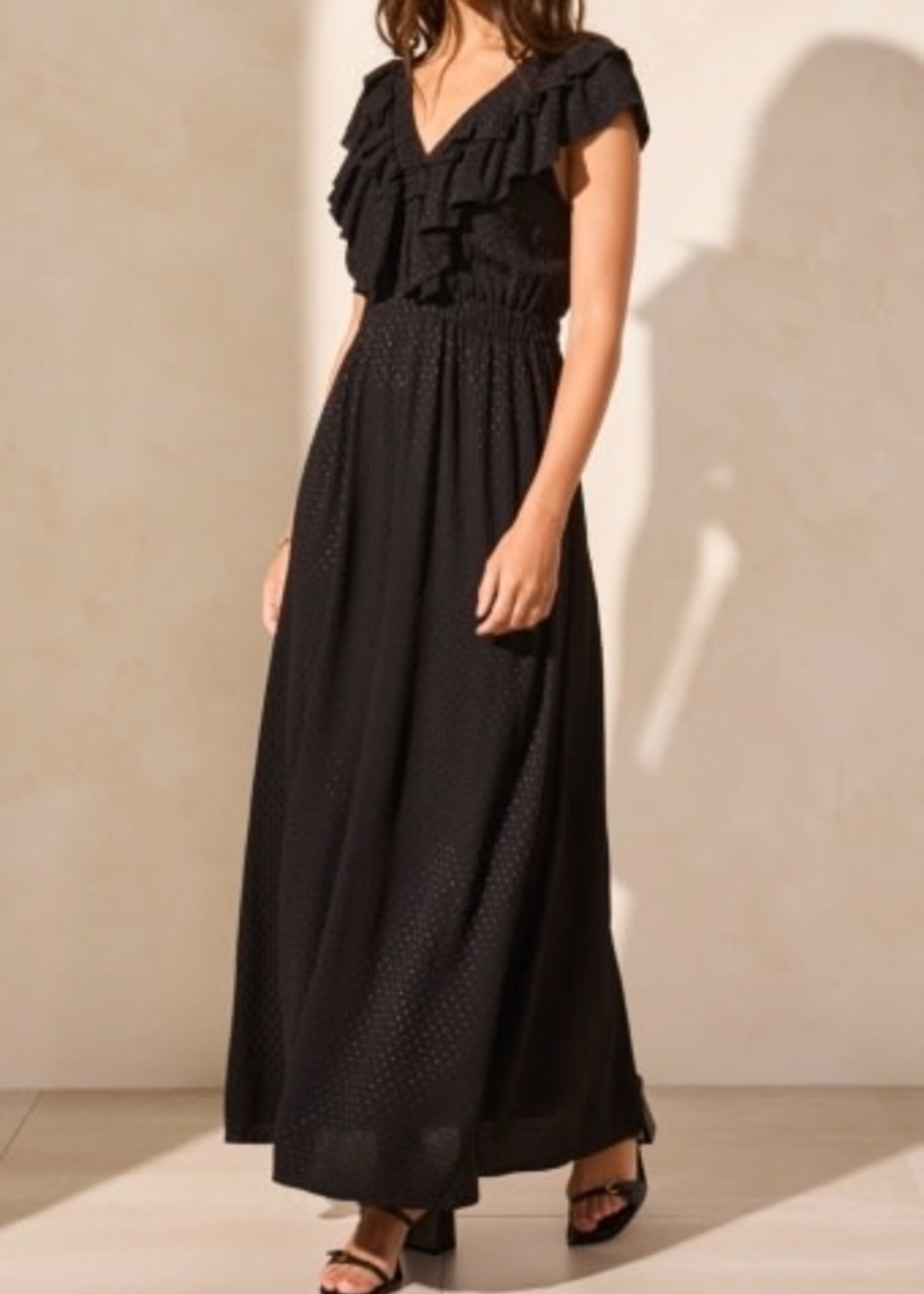 Tribal MAXI DRESS W/ FRILL DTL & BK CUTOUT-BLACK