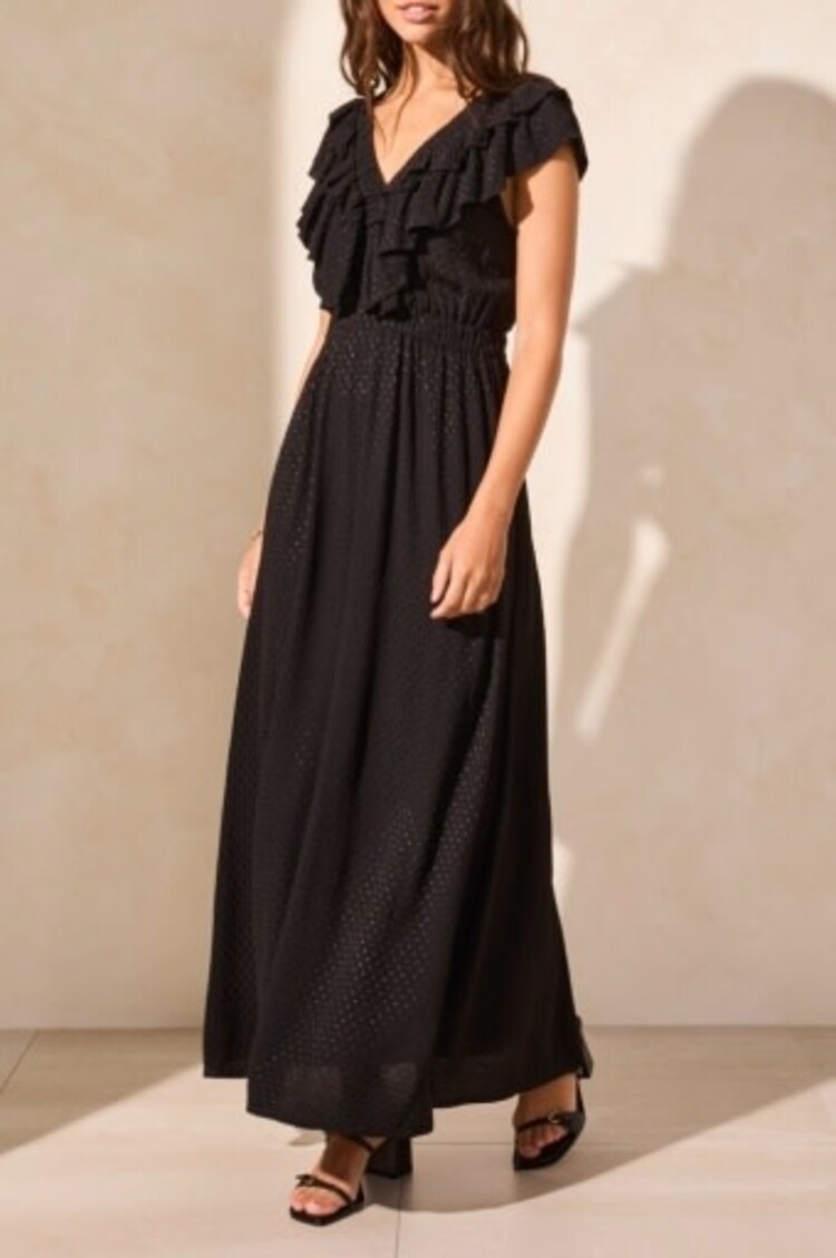 Tribal MAXI DRESS W/ FRILL DTL & BK CUTOUT-BLACK