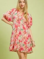Umgee Puff Sleeve Tired Pink Floral Dress