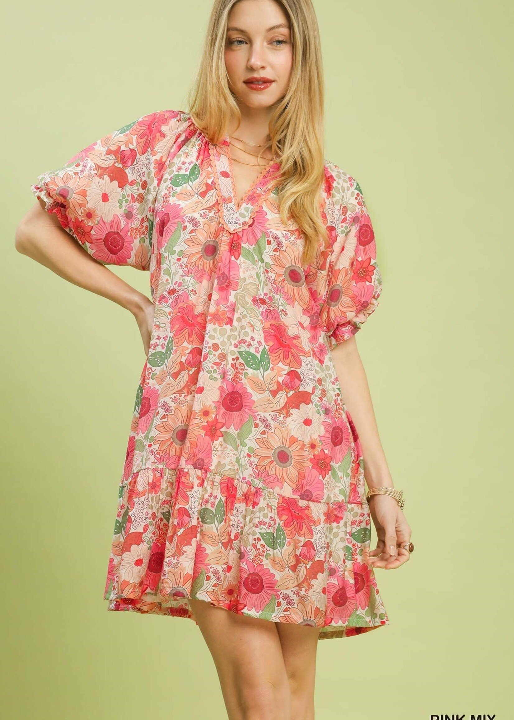 Umgee Puff Sleeve Tierd Pink Floral Dress