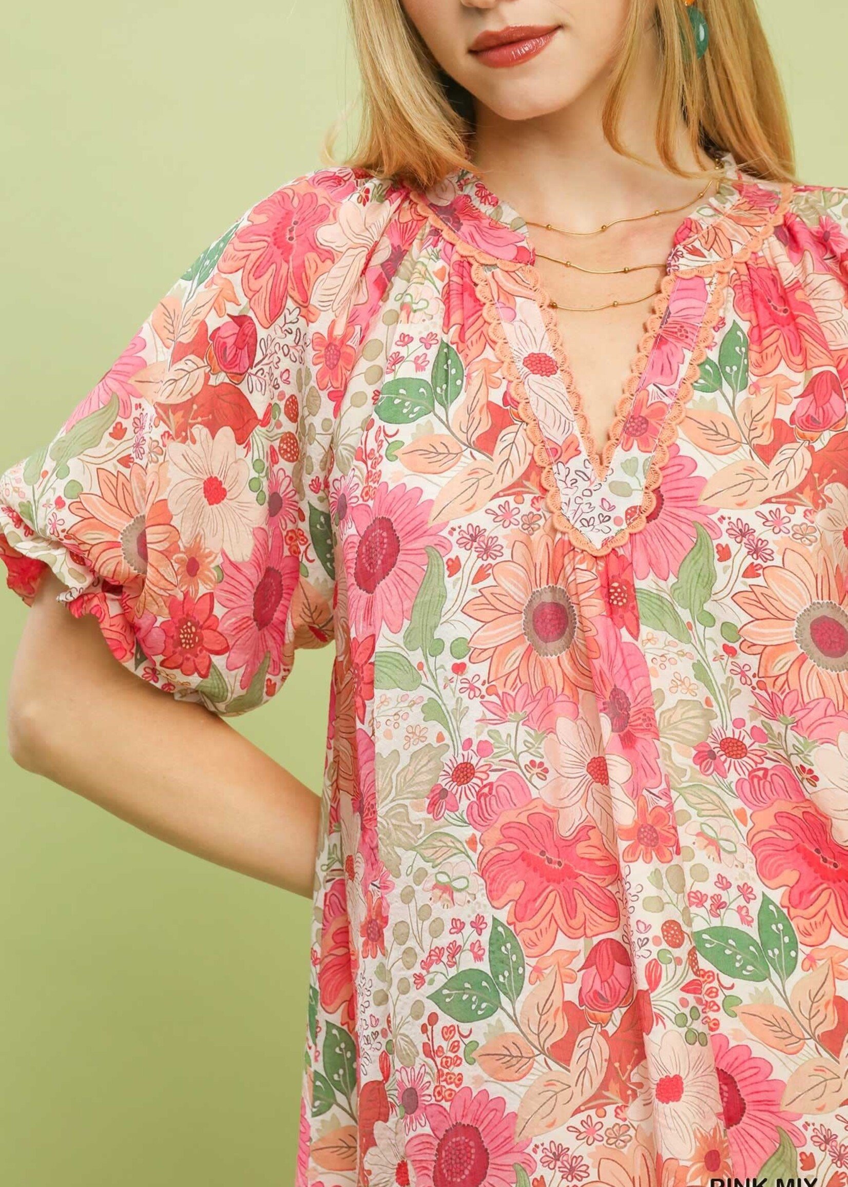Umgee Puff Sleeve Tierd Pink Floral Dress
