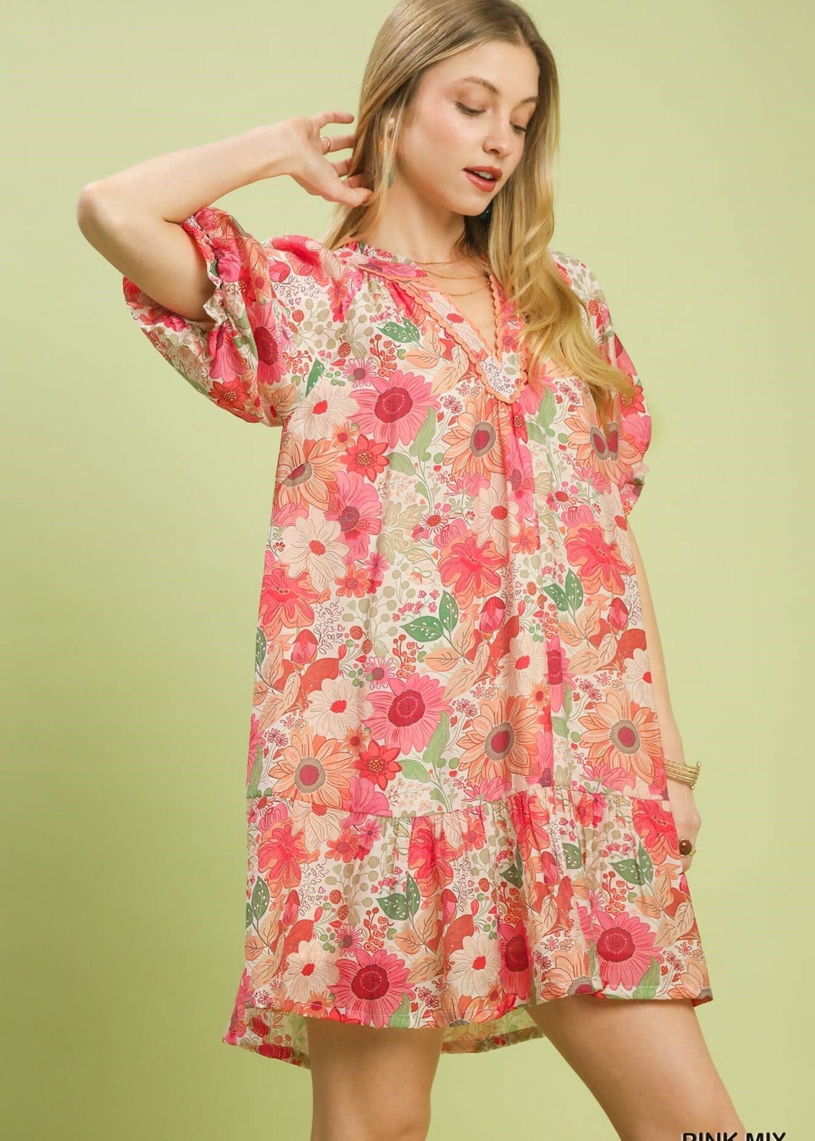Umgee Puff Sleeve Tierd Pink Floral Dress