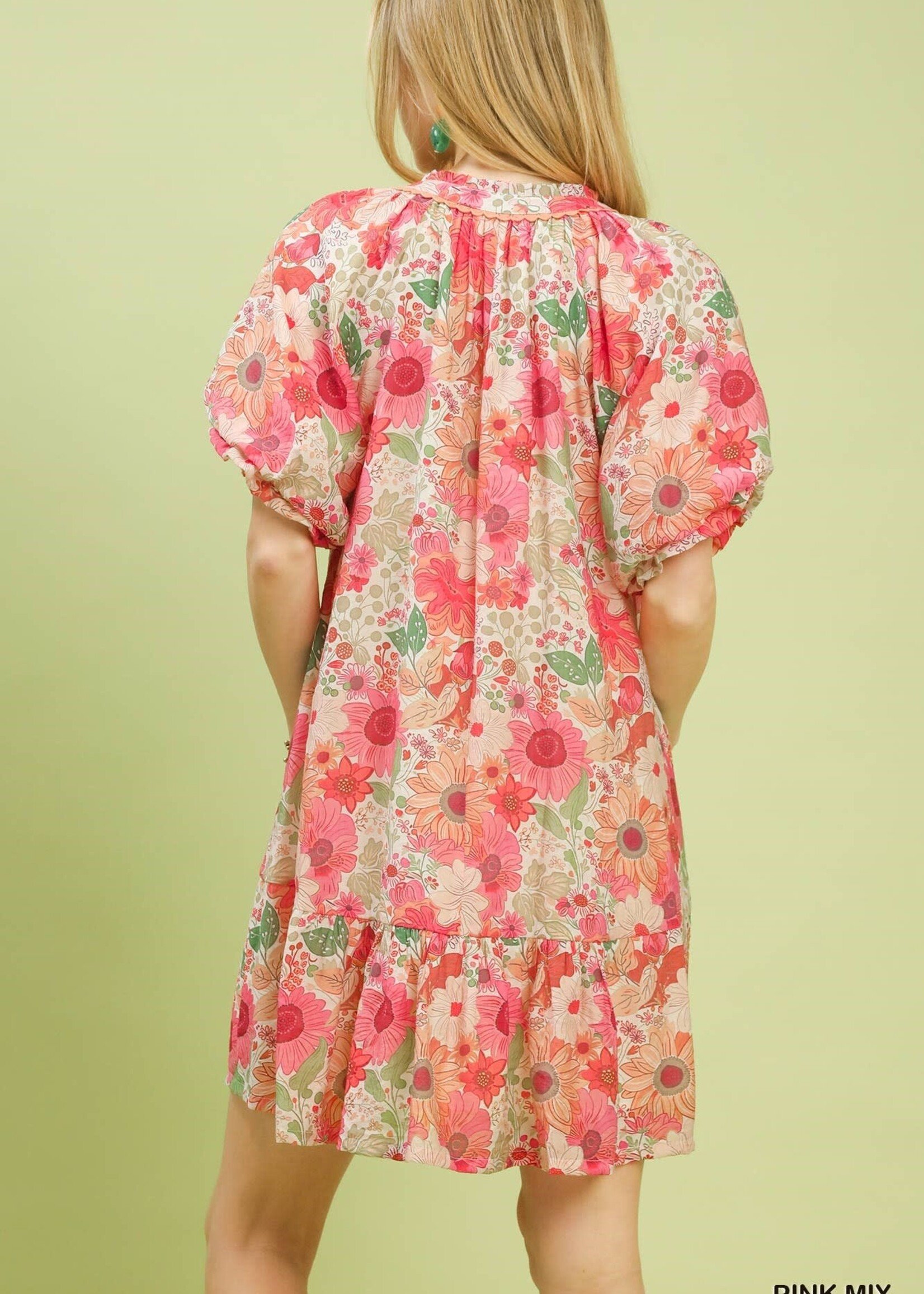 Umgee Puff Sleeve Tierd Pink Floral Dress