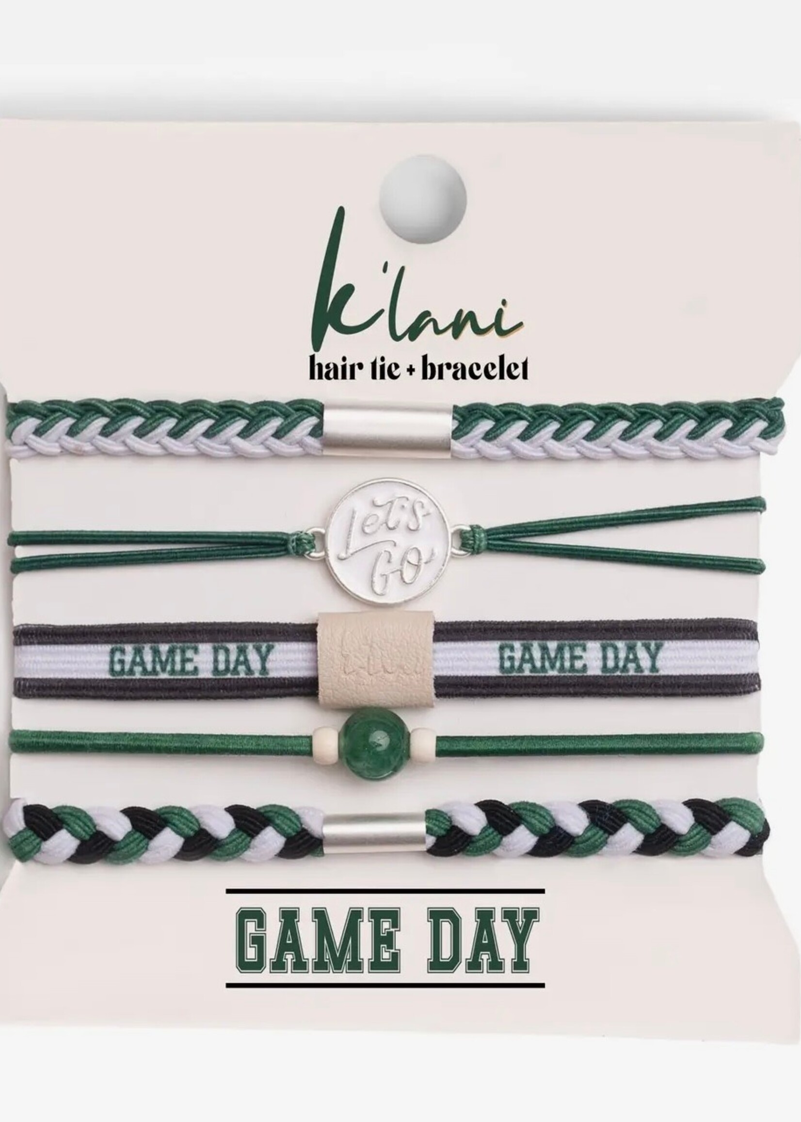 Klani Game Day Green/White/Black Hair tie bracelets