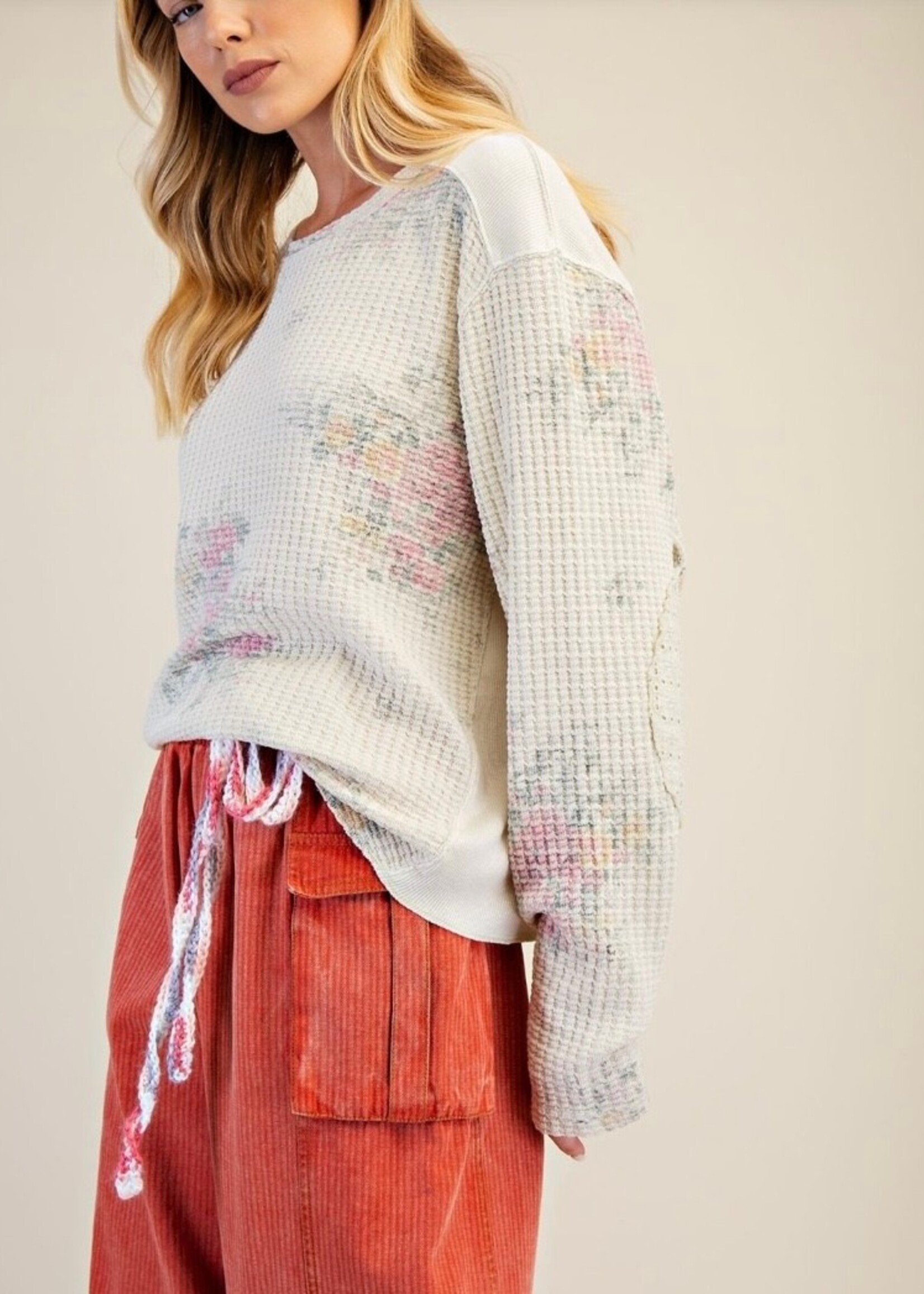 Mineral Washed Floral Thermal Pullover