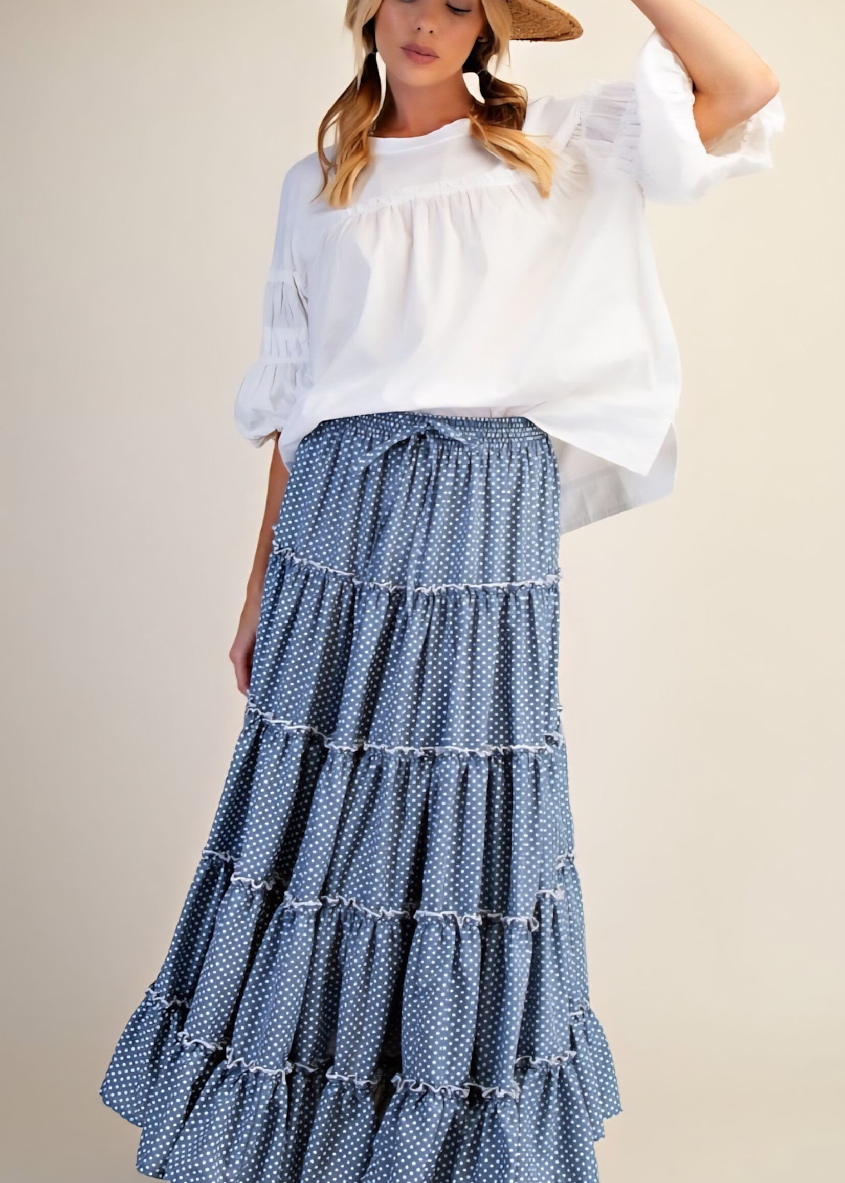 Polka Dots Printed Tiered Maxi Skirt