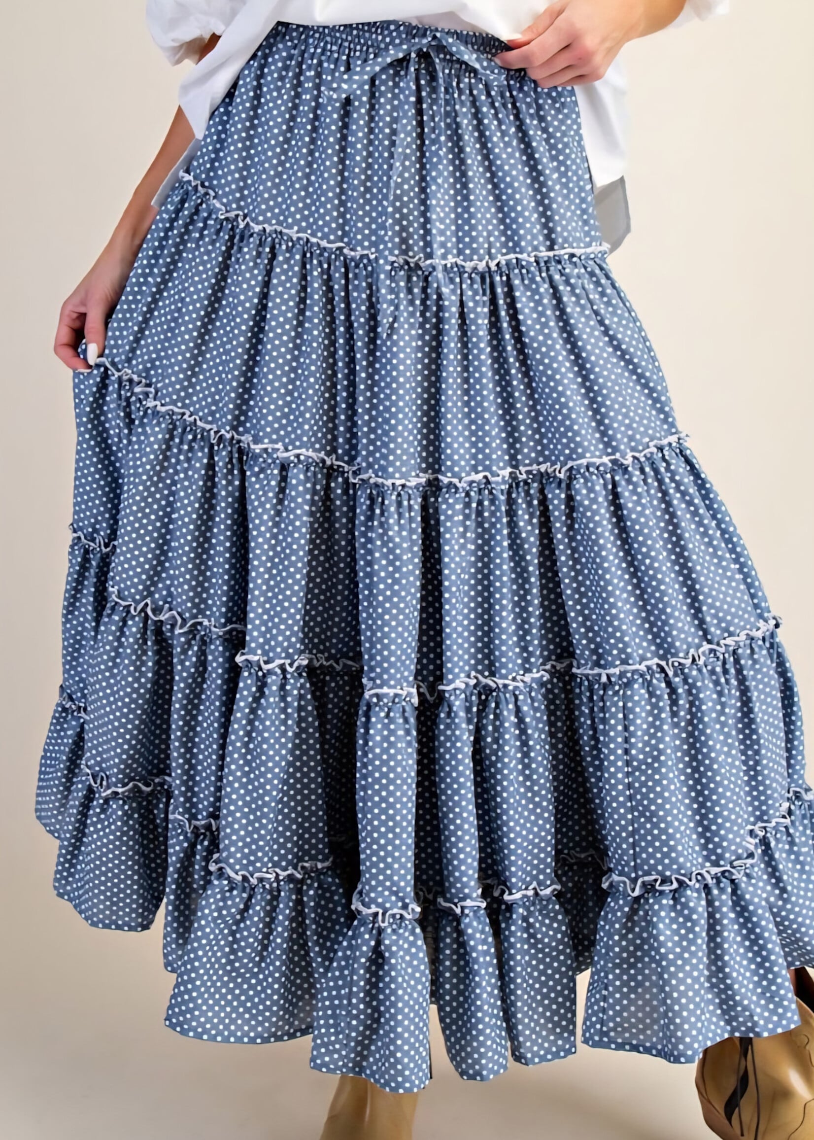 Polka Dots Printed Tiered Maxi Skirt