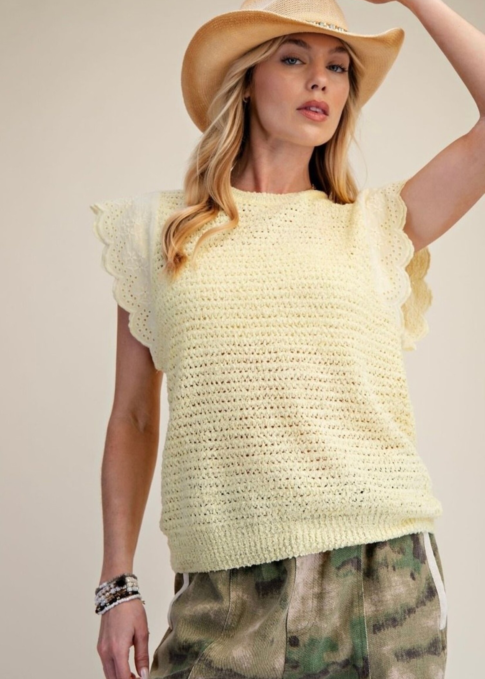 EASEL Eyelet Sleeve Lemon Drop Sweater