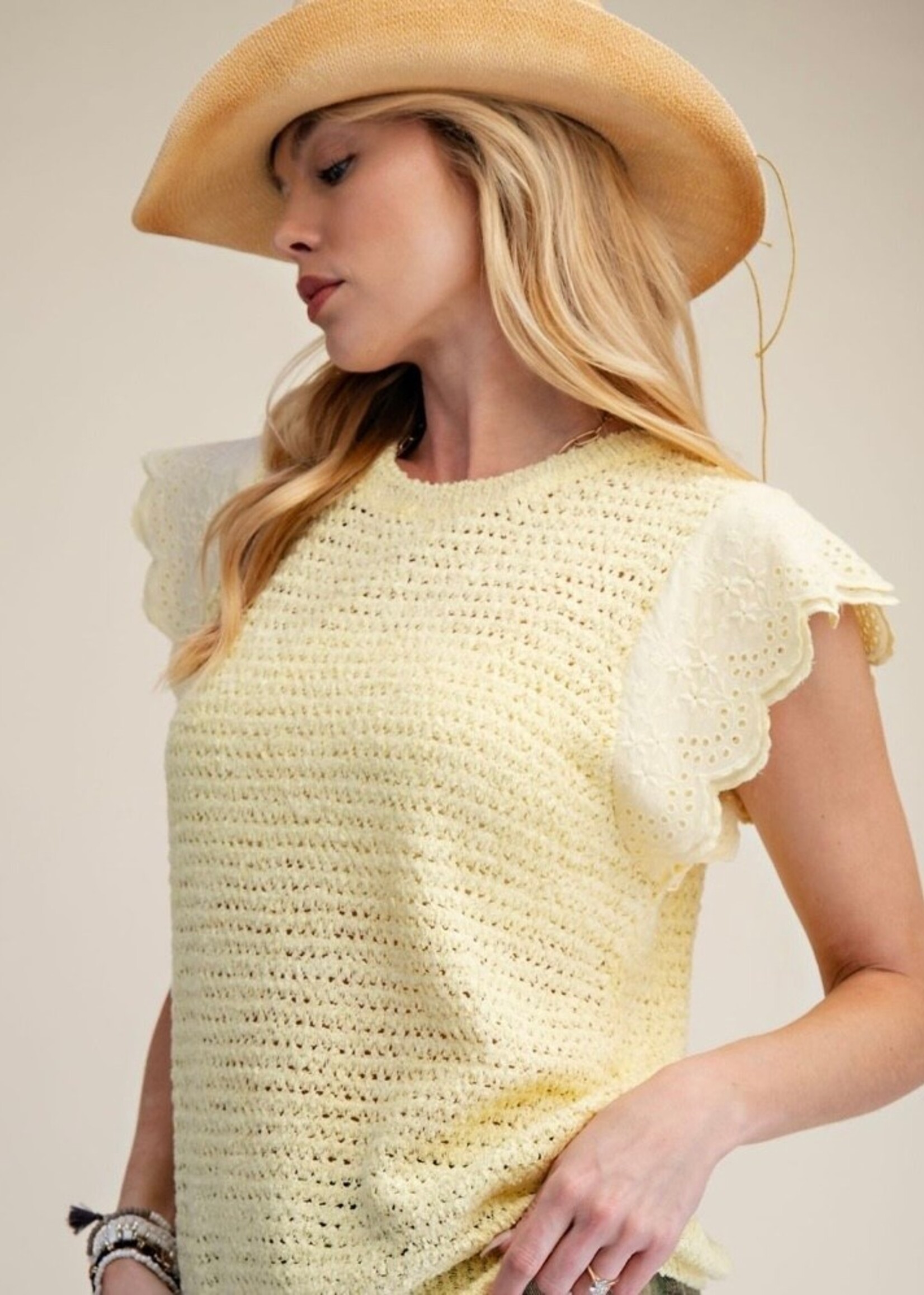 EASEL Eyelet Sleeve Lemon Drop Sweater
