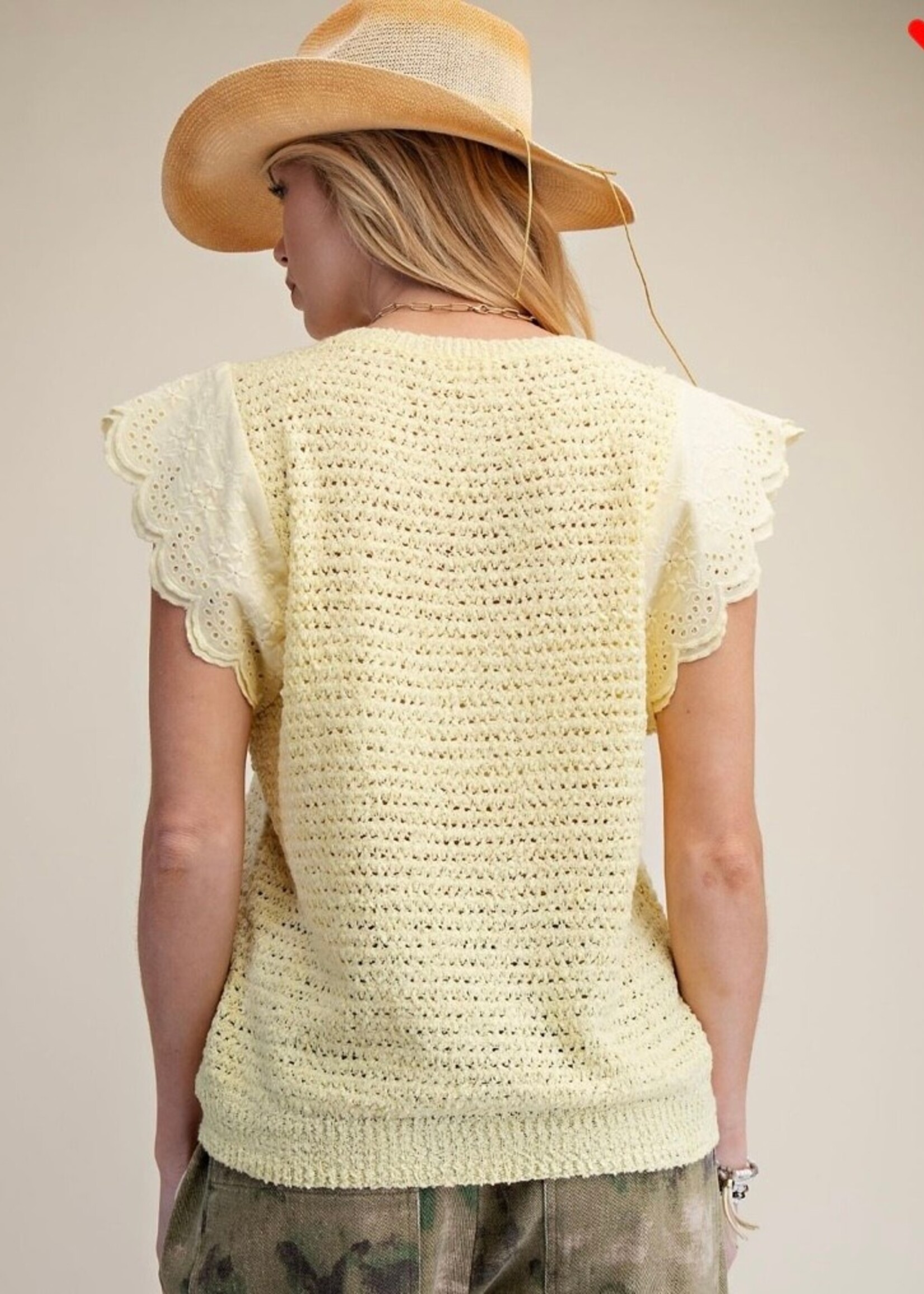 EASEL Eyelet Sleeve Lemon Drop Sweater