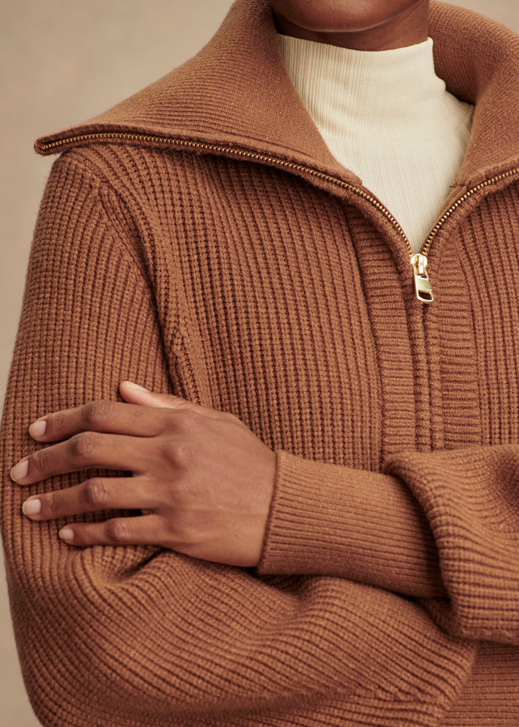 Varley Maura Half Zip Knit Caramel Pecan