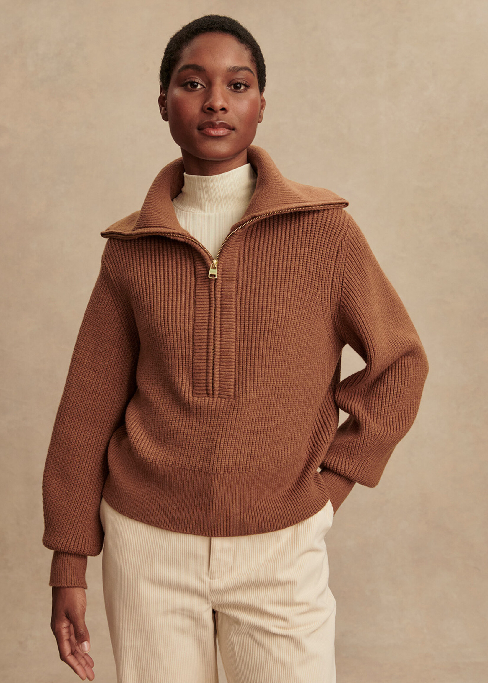 Varley Maura Half Zip Knit Caramel Pecan