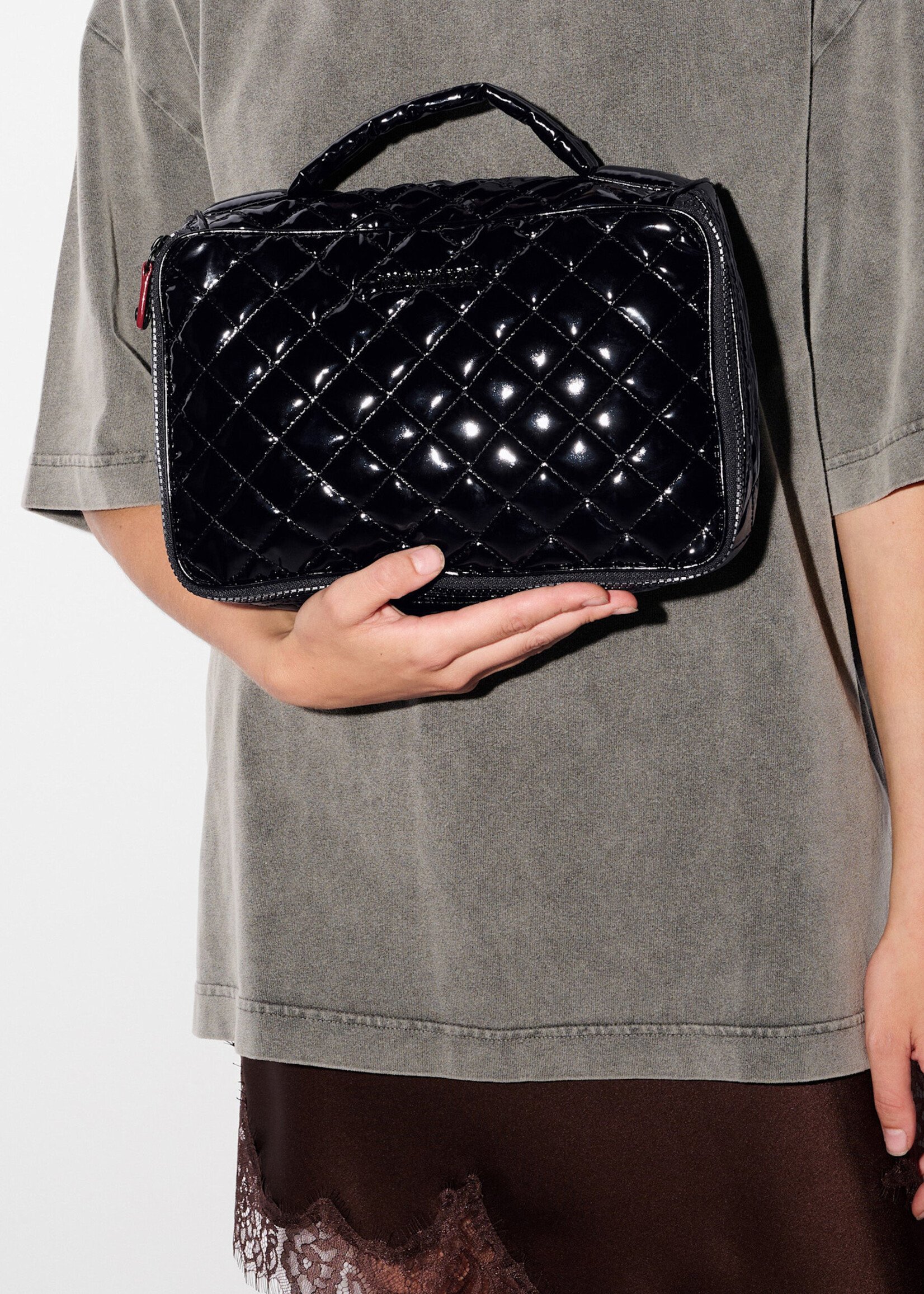 MZ Wallace Zip Round Cosmetic Black Lacquer