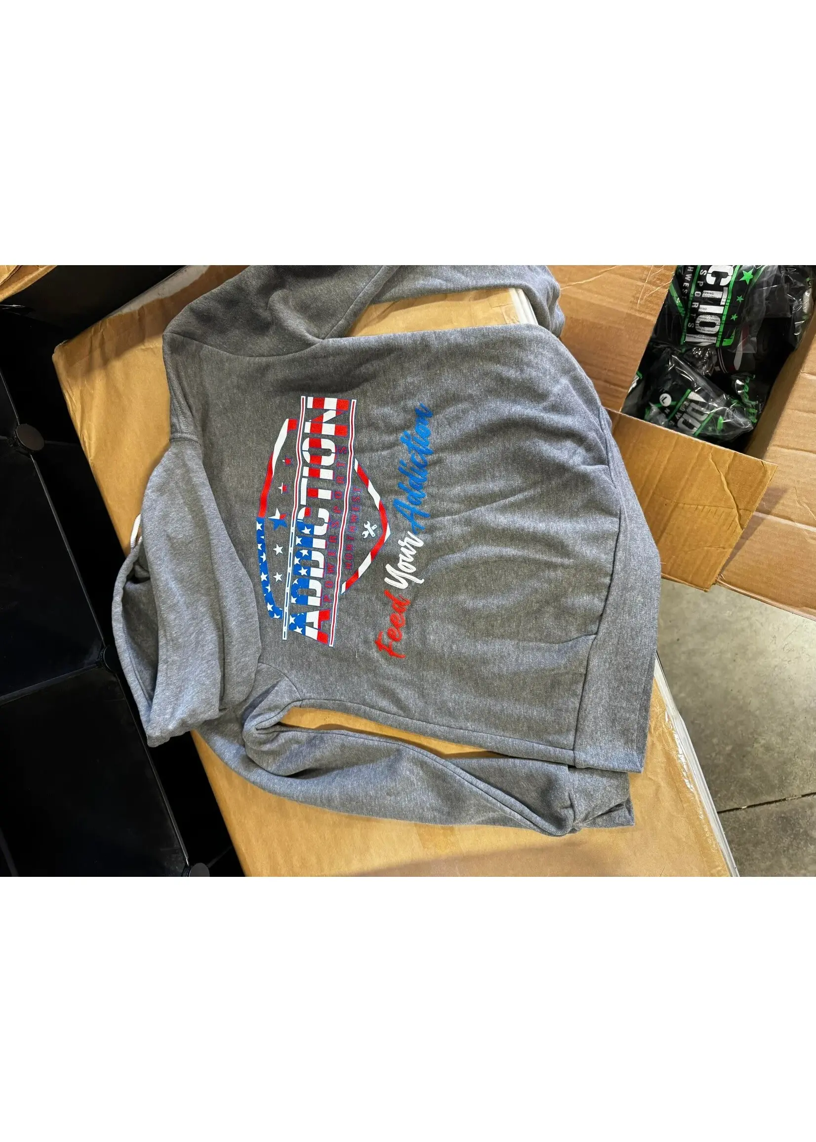 Addiction Powersports NW ZIP UP Hoodie Grey with American Flag Inspired Logo