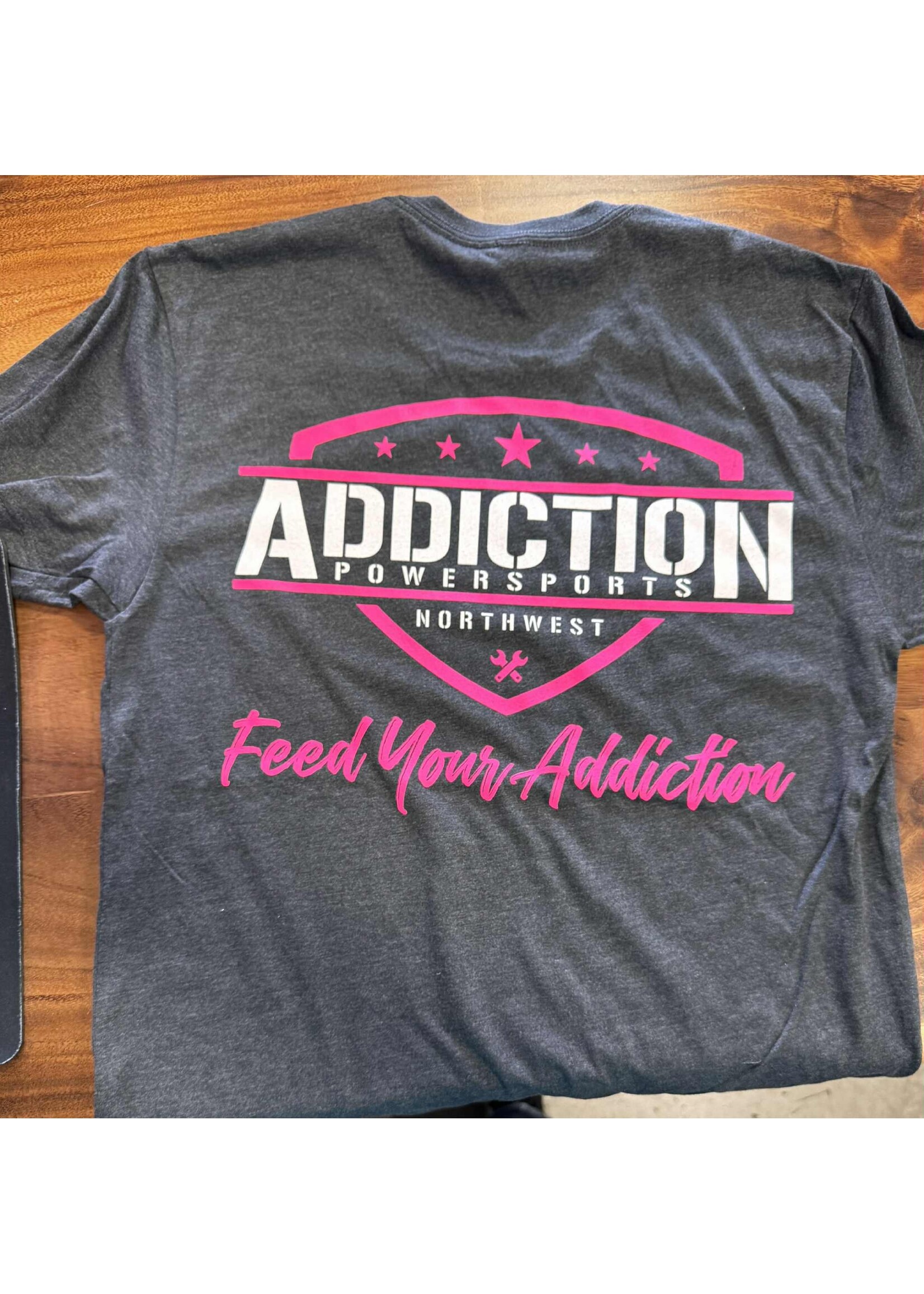 independent Addiction Powersports NW T-Shirt Charcoal with Hot Pink Logo
