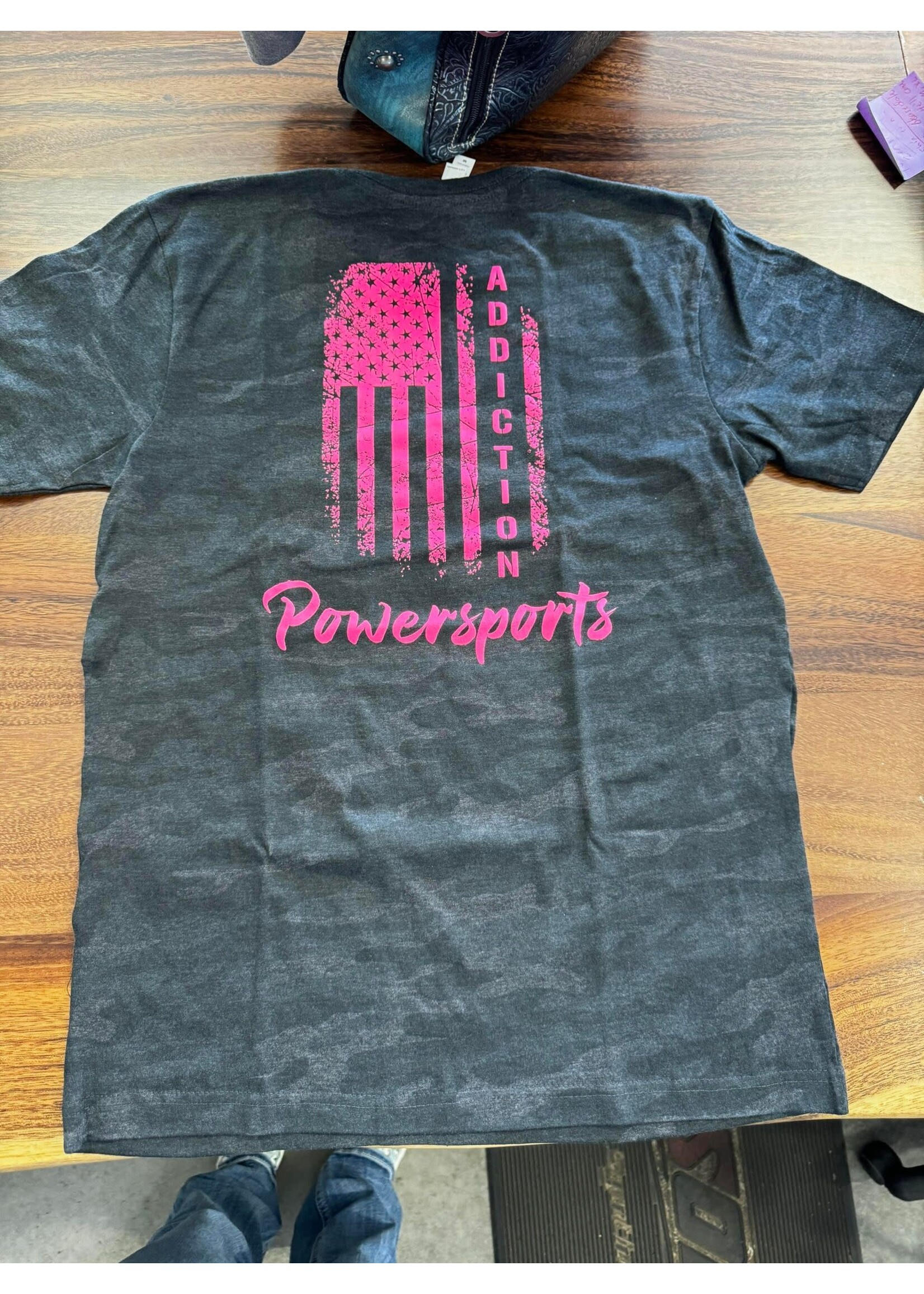 Addiction Powersports NW T-Shirt Storm Camo with Hot Pink Flag Logo