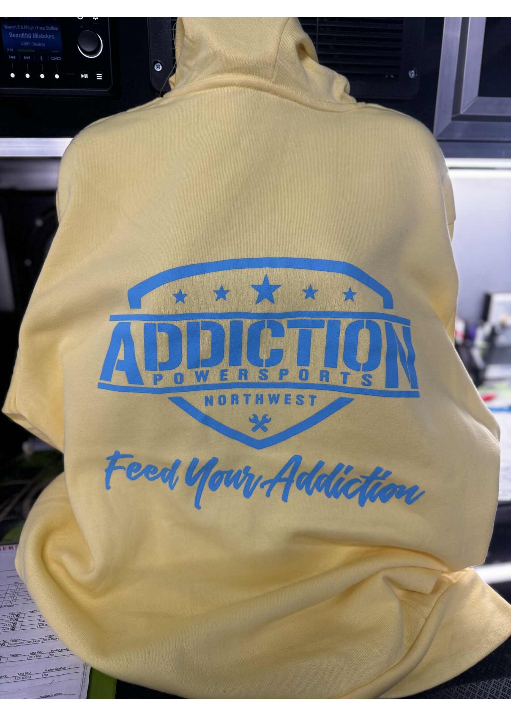 Addiction Powersports NW ZIP UP Hoodie Yellow with Denim Blue Logo