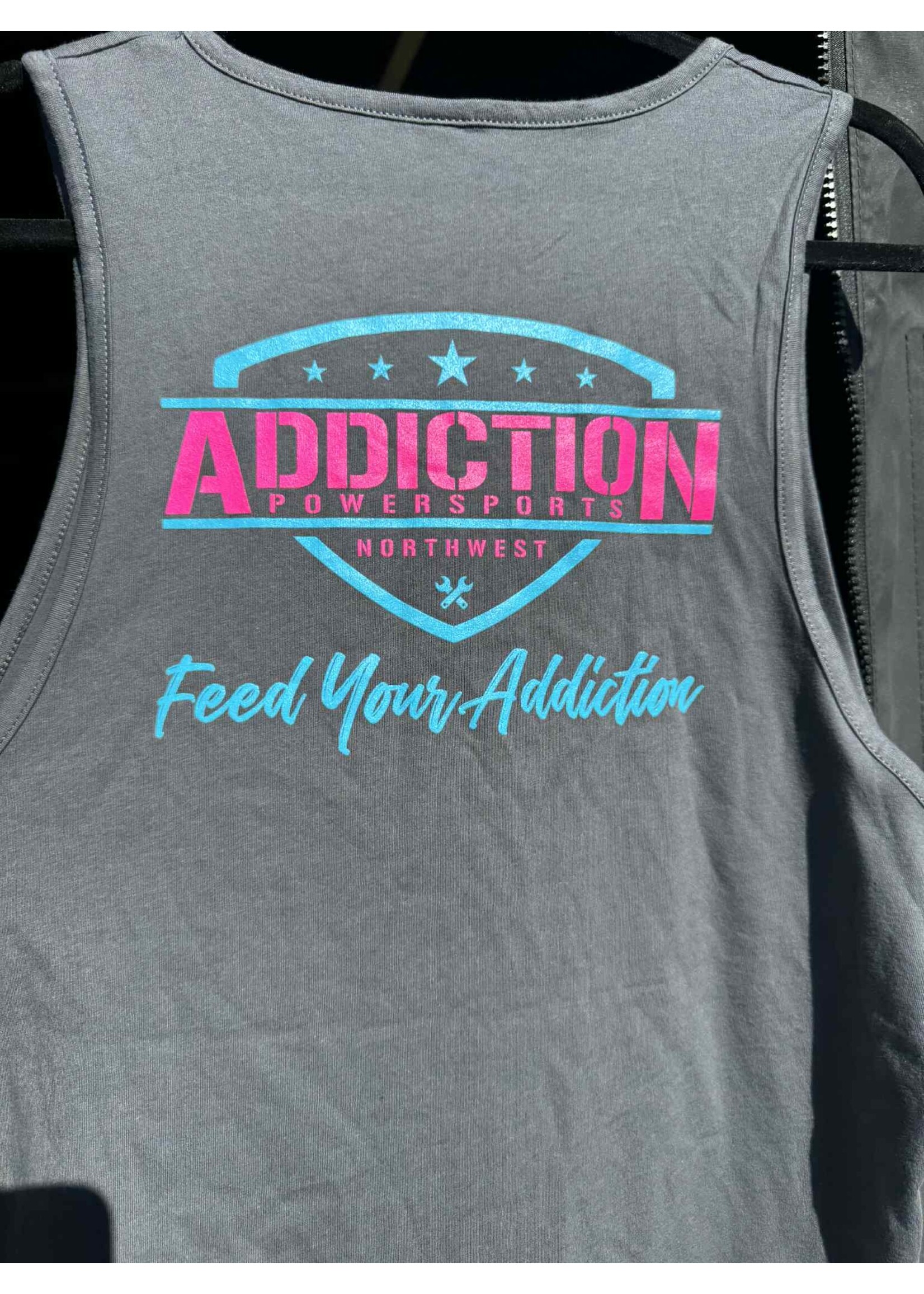 Addiction Powersports NW LOGO Tank Top Heavy Metal/Neon pink & Blue Logo