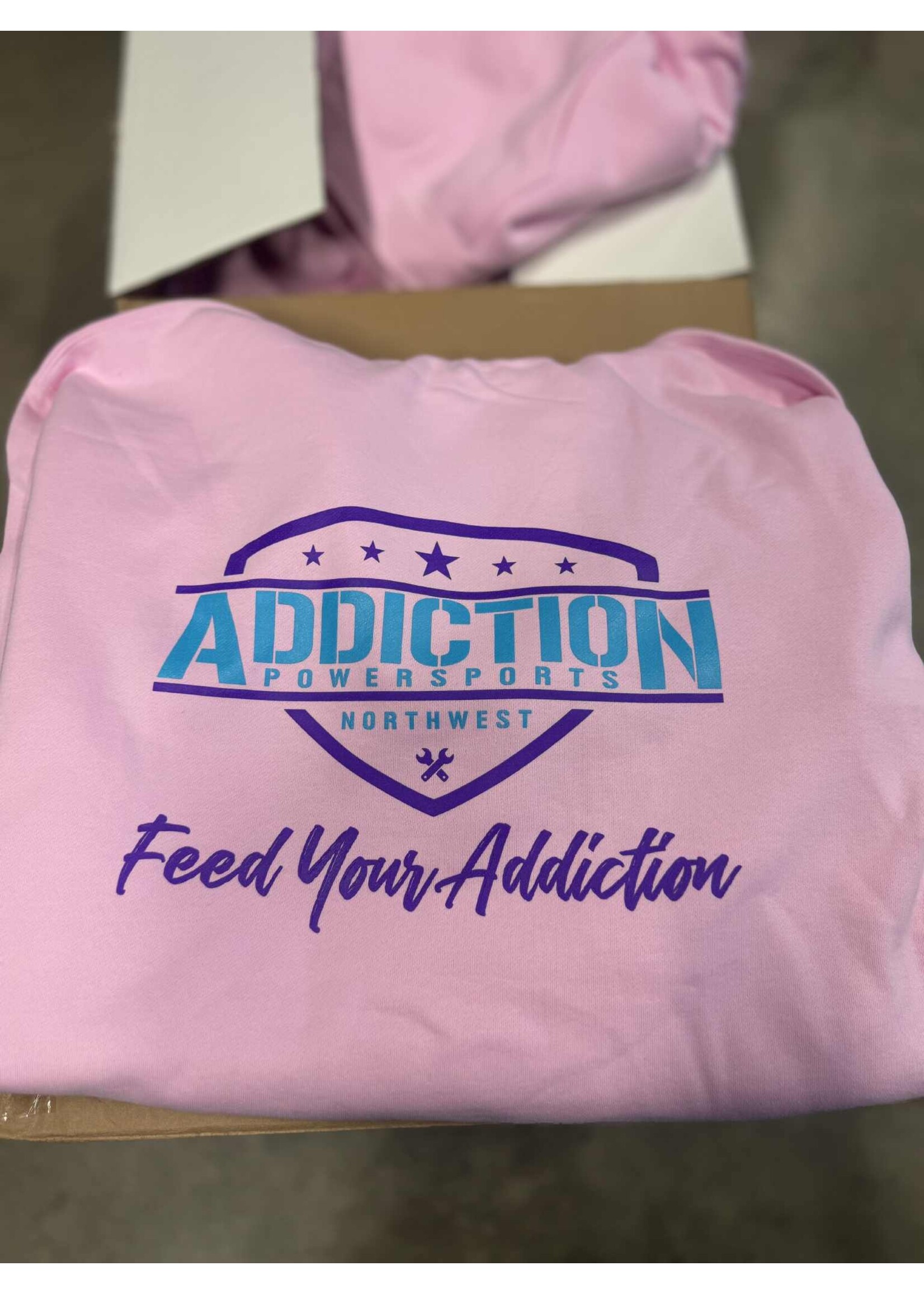 independent Addiction Powersports NW Pull Over Hoodie Light Pink with Purple and Blue Logo