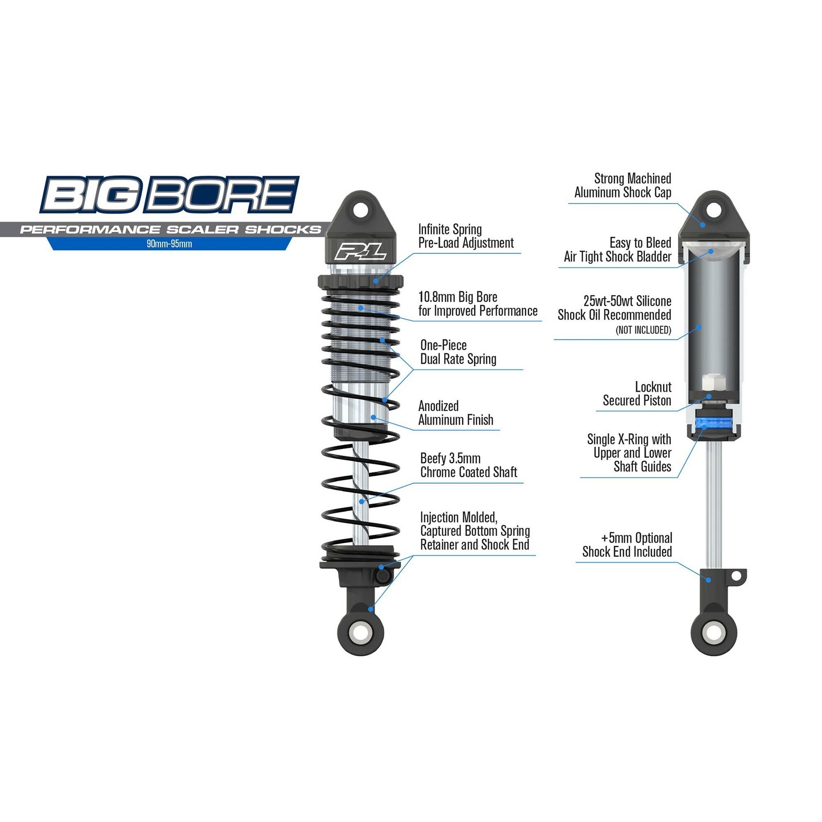 Pro-Line 1/10 Big Bore Front/Rear (90mm-95mm) Scaler Shocks for most Crawlers