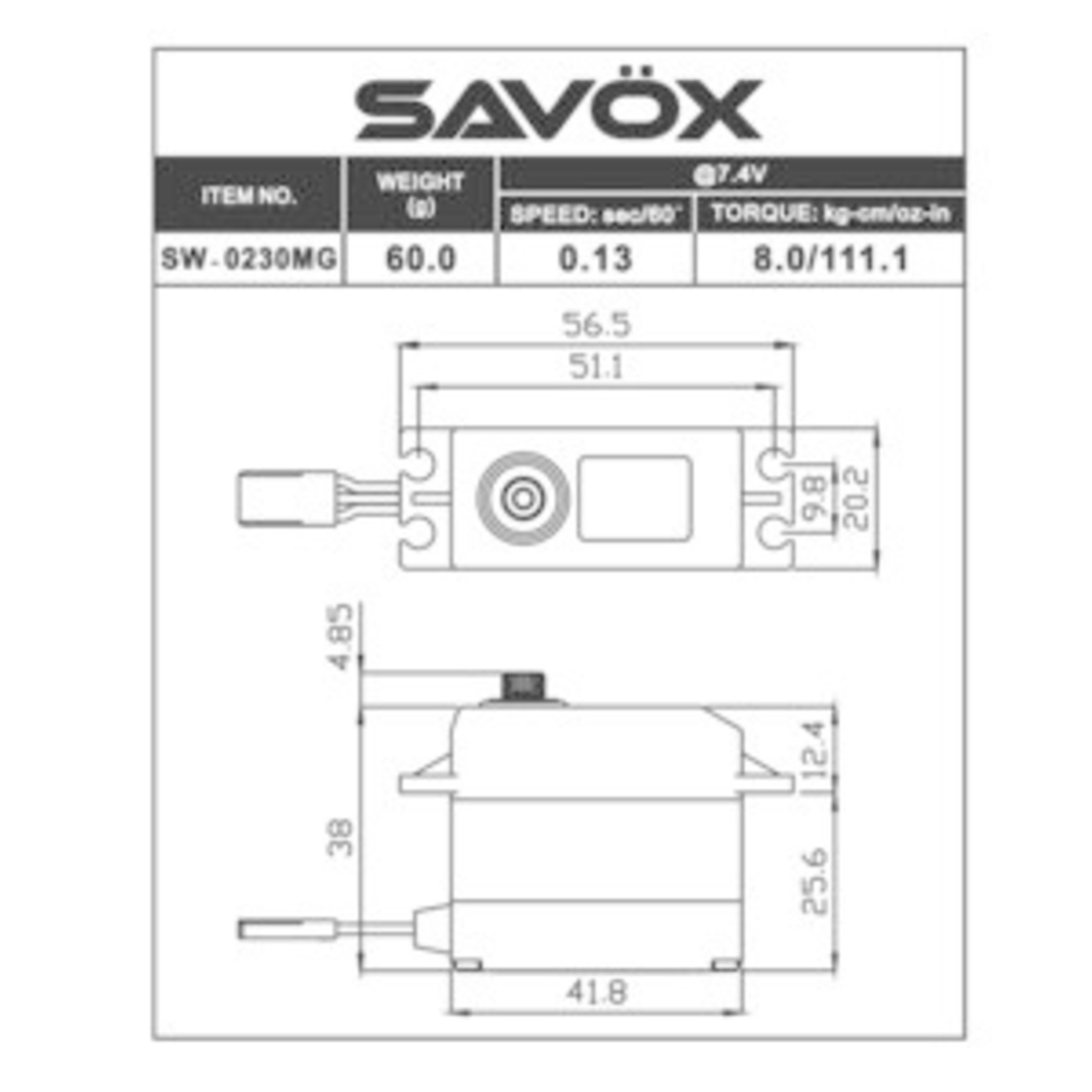 Savox Waterproof Standard Digital Servo 0.13sec / 111.1oz @ 7.4V (DISCONT)
