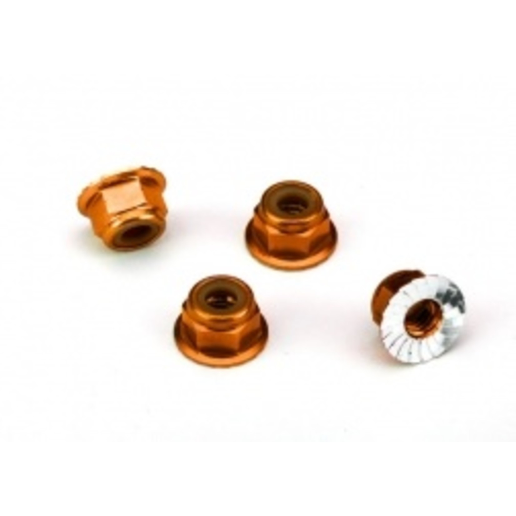 Traxxas Nuts, aluminum, flanged, serrated (4mm) (orange-anodized) (4)