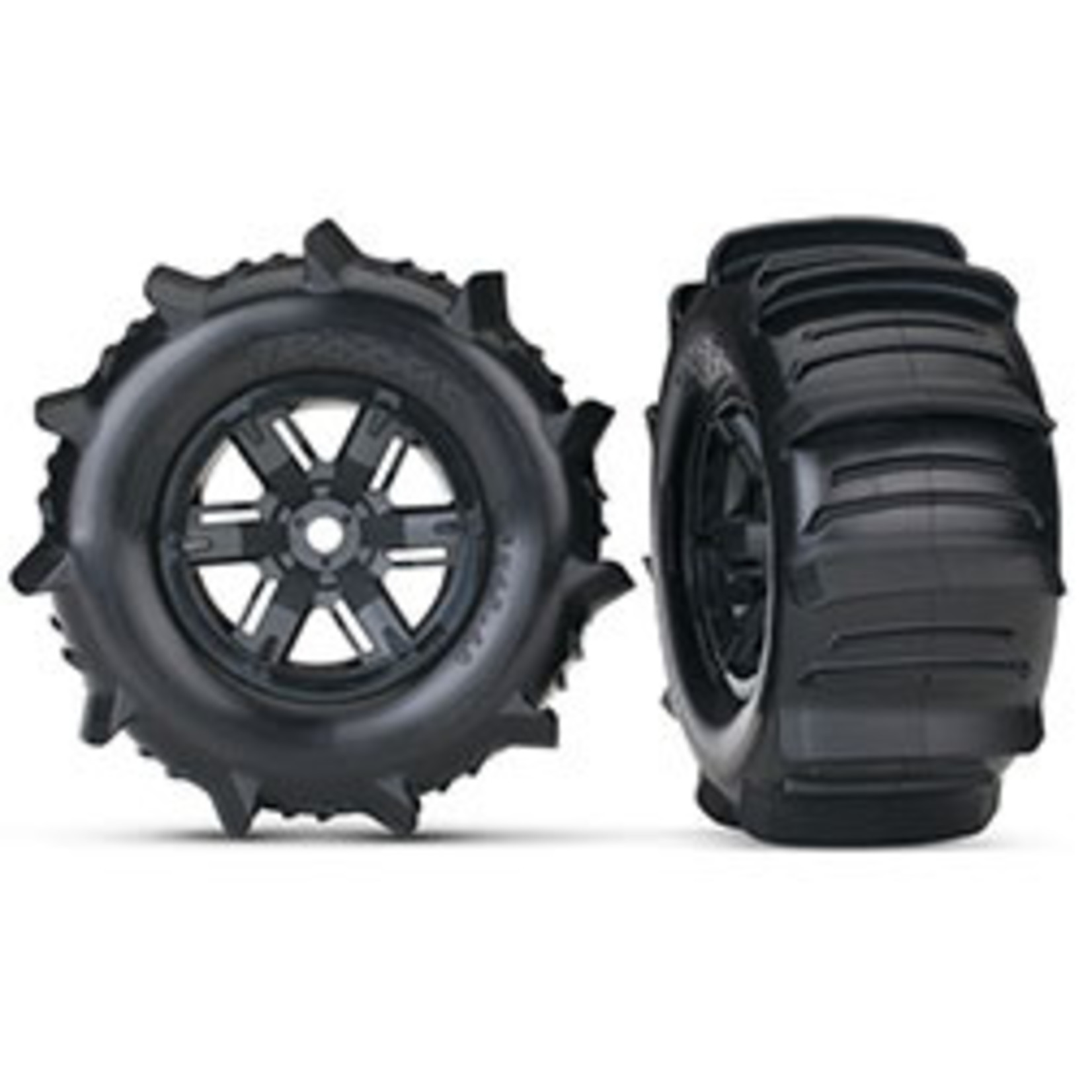Traxxas Tires & wheels, assembled, glued (X-Maxx® black wheels, paddle tires, foam inserts) (left & right) (2)