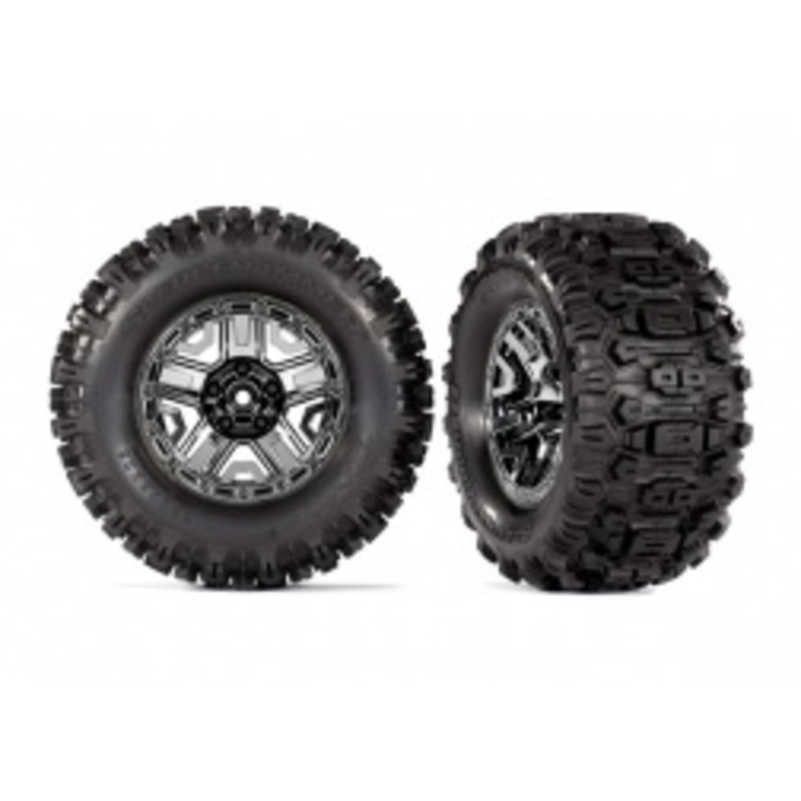 Traxxas Tires & wheels, assembled, glued (black chrome 2.8" wheels, Sledgehammer® tires, foam inserts) (2) (TSM® rated)