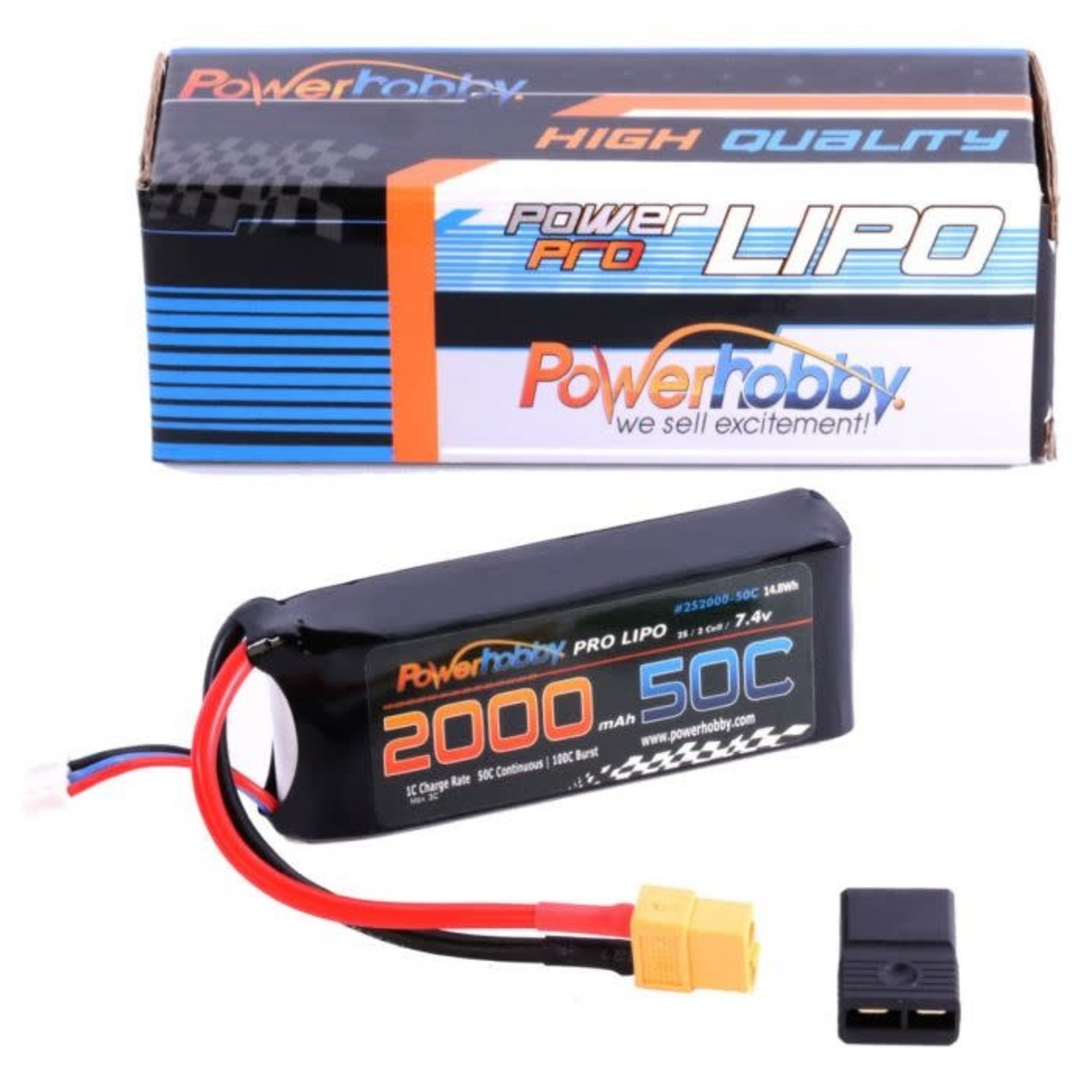 PowerHobby 2S 7.4v 2000mAh 50C LiPo Battery w/ XT60 Plug + Traxxas Adapter