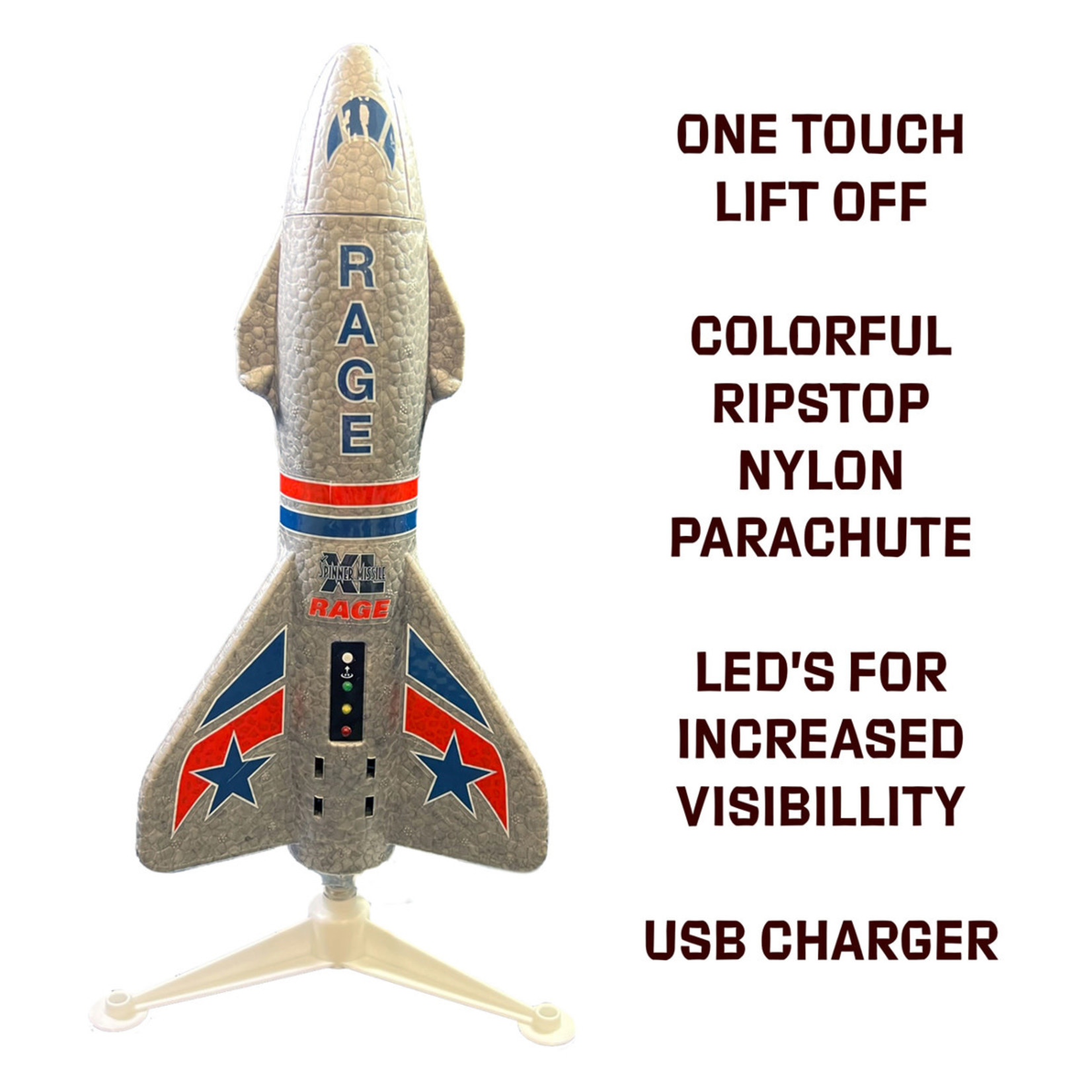 Rage R/C Spinner Missile XL Electric Free-Flight Rocket with Parachute & LEDs, Gray