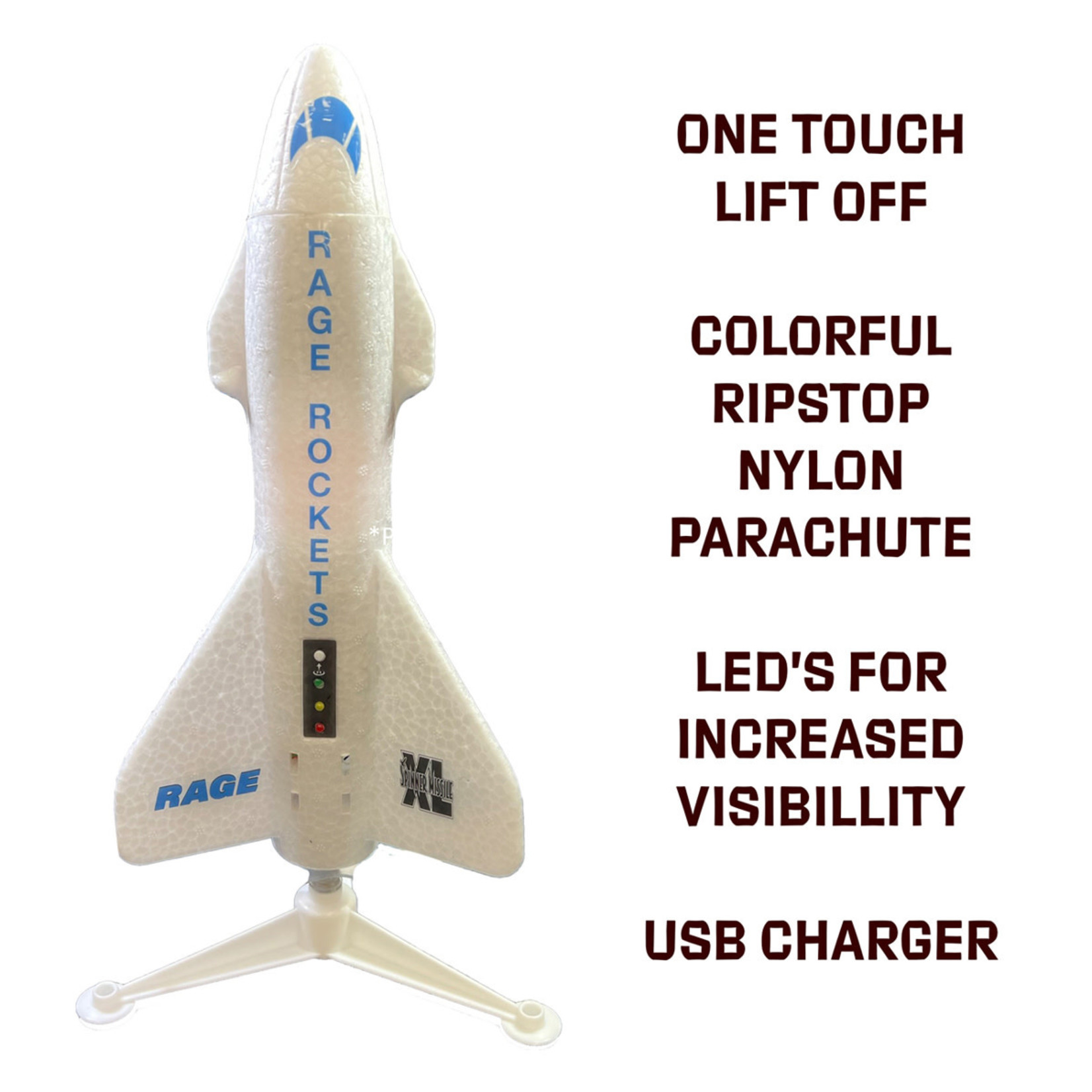 Rage R/C Spinner Missile XL Electric Free-Flight Rocket with Parachute & LEDs, White