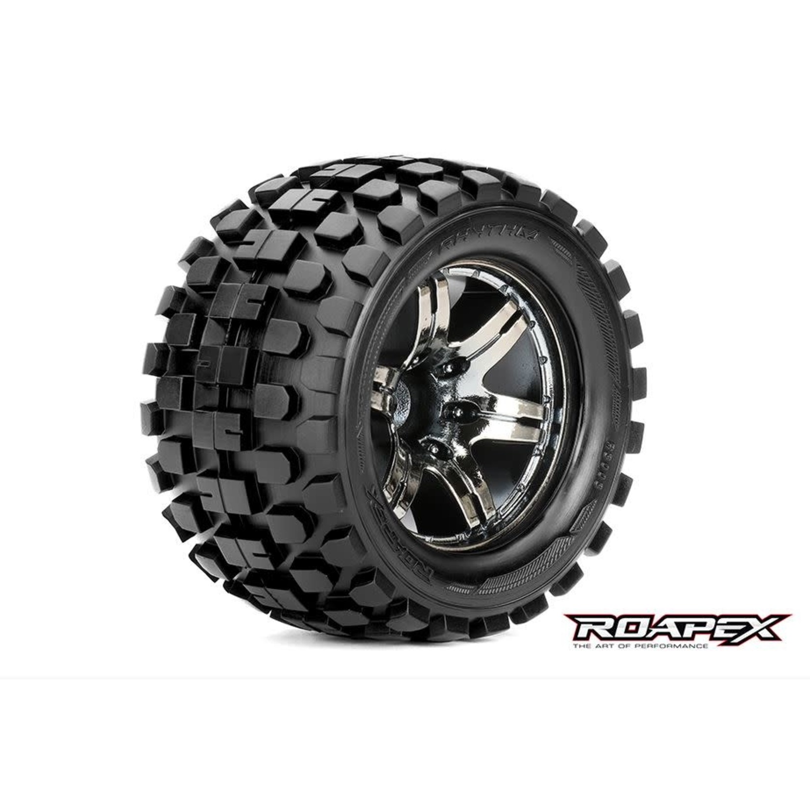Roapex R/C Rythm 1/10 Monster Truck Tires, Mounted on Chrome Black Wheels, 0 Offset, 12mm Hex (1 pair)