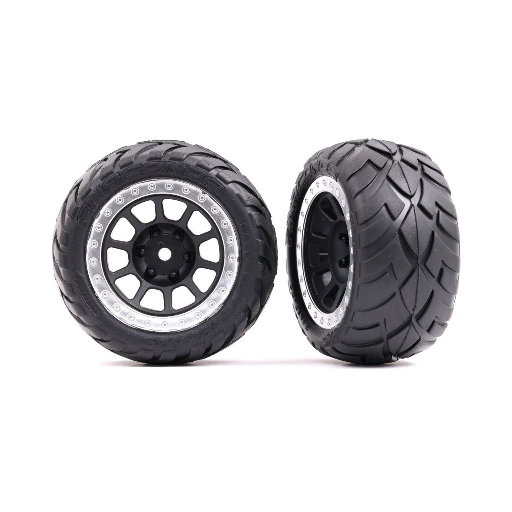 Traxxas Tires & wheels, assembled (2.2' graphite gray, satin chrome beadlock wheels, Anaconda® 2.2' tires with foam inserts) (2) (Bandit® rear)