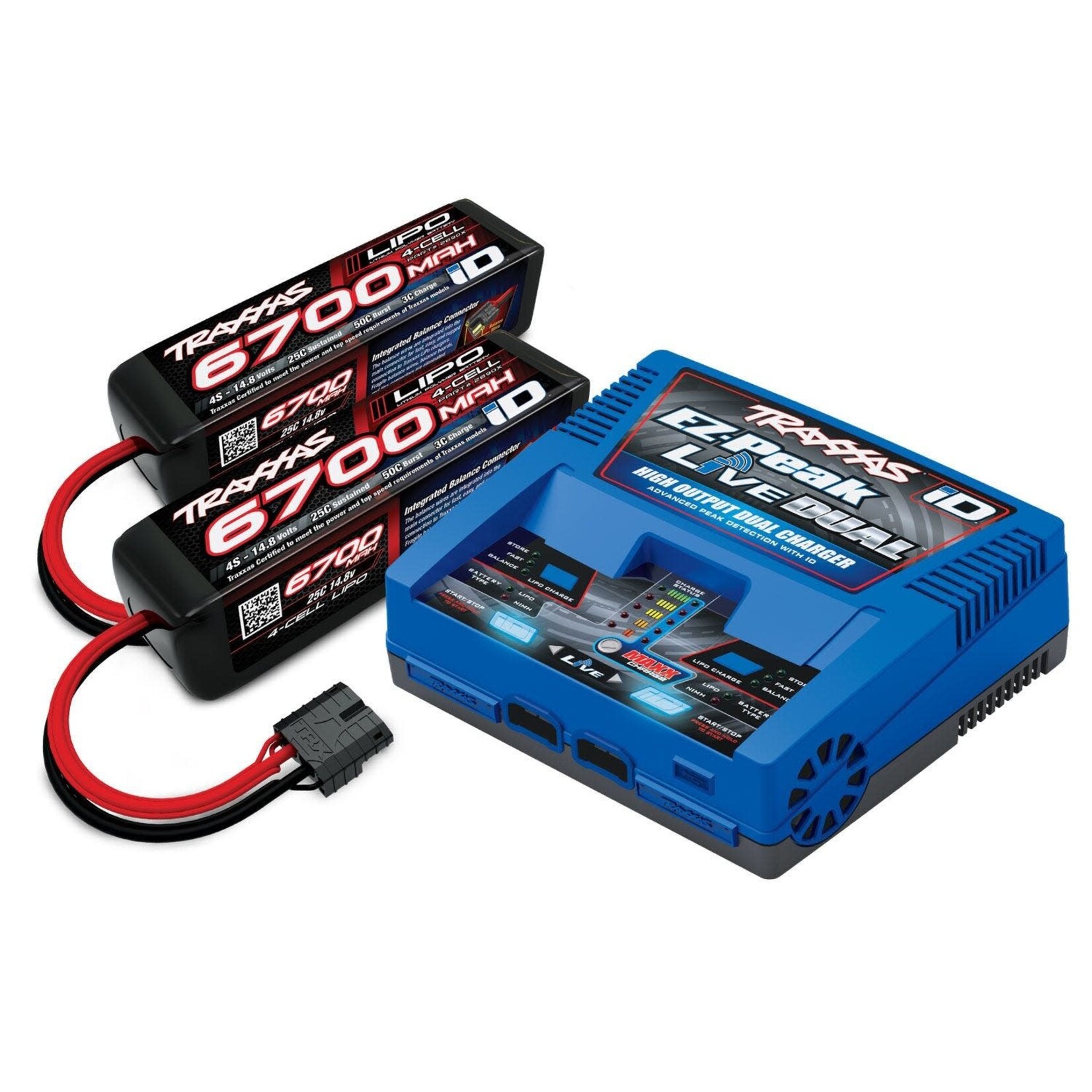 Traxxas 6700Mah 4S Battery (2) with EZ-Peak Live Dual Charger Completer Pack
