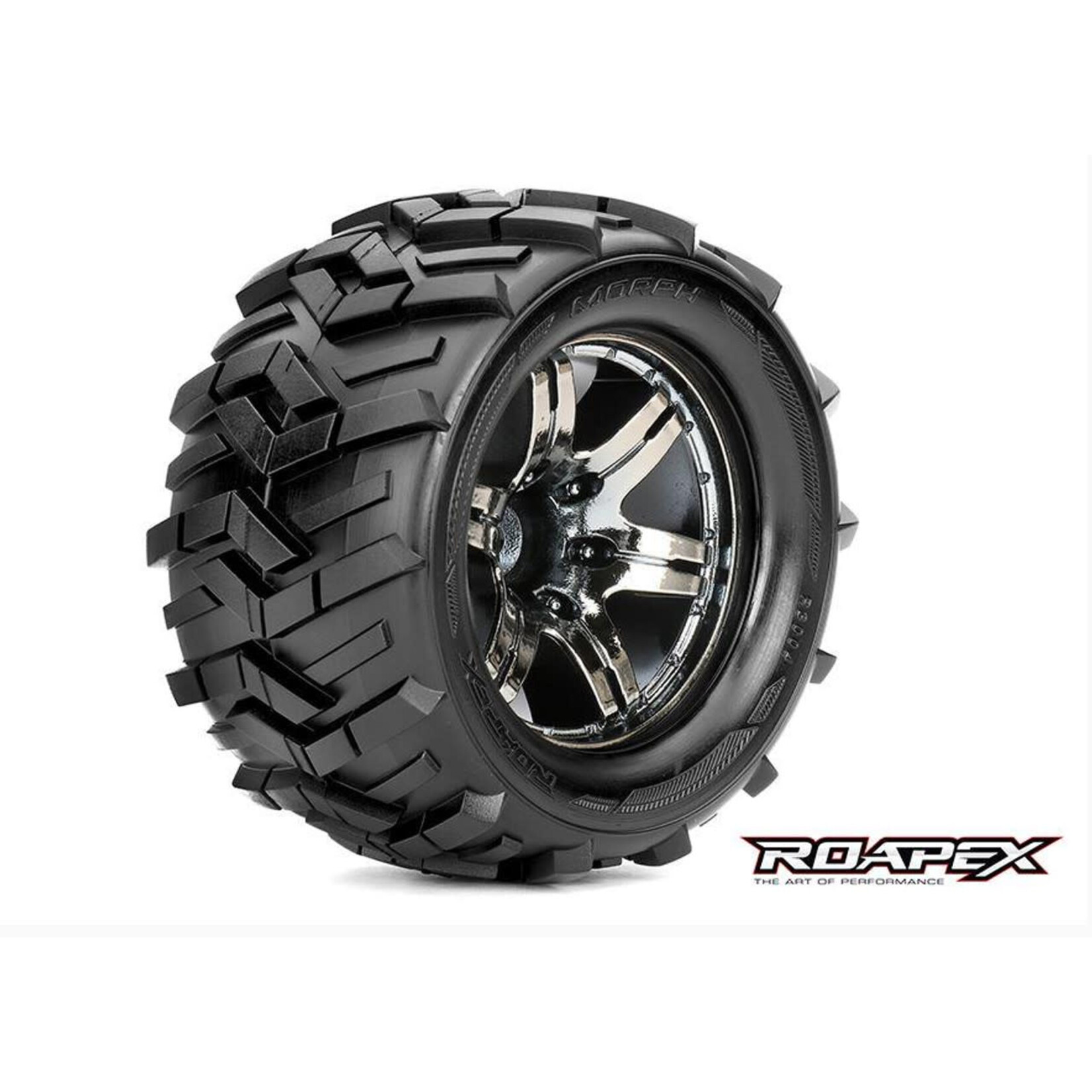 Roapex R/C Morph 1/10 Monster Truck Tires, Mounted on Chrome Black Wheels, 0 Offset, 12mm Hex (1 pair)