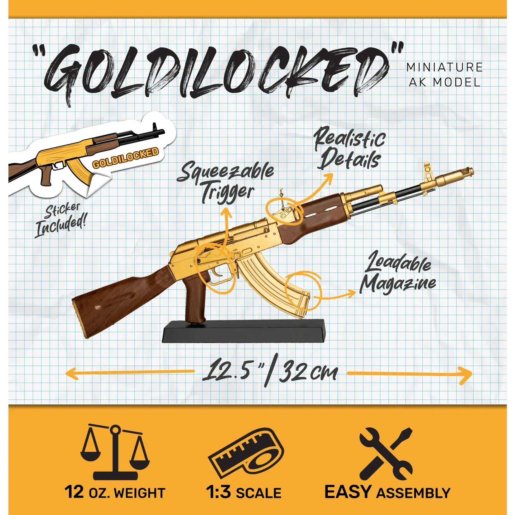 Miniature 1/3 Scale Die-Cast AK47 Model Kit (Gold)