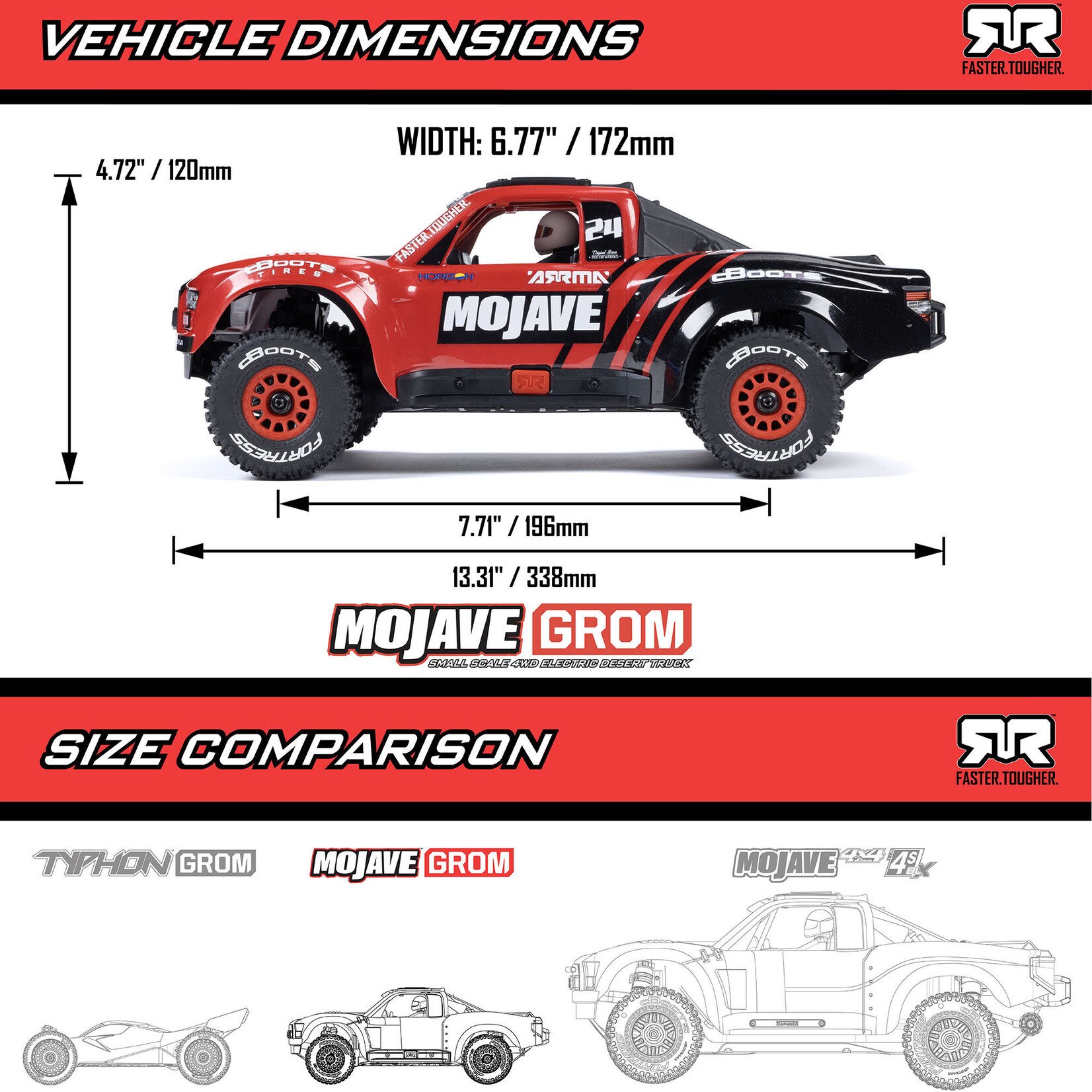 Arrma MOJAVE GROM MEGA 380 Brushed 4X4 Small Scale Desert Truck RTR with Battery & Charger, Red/Black