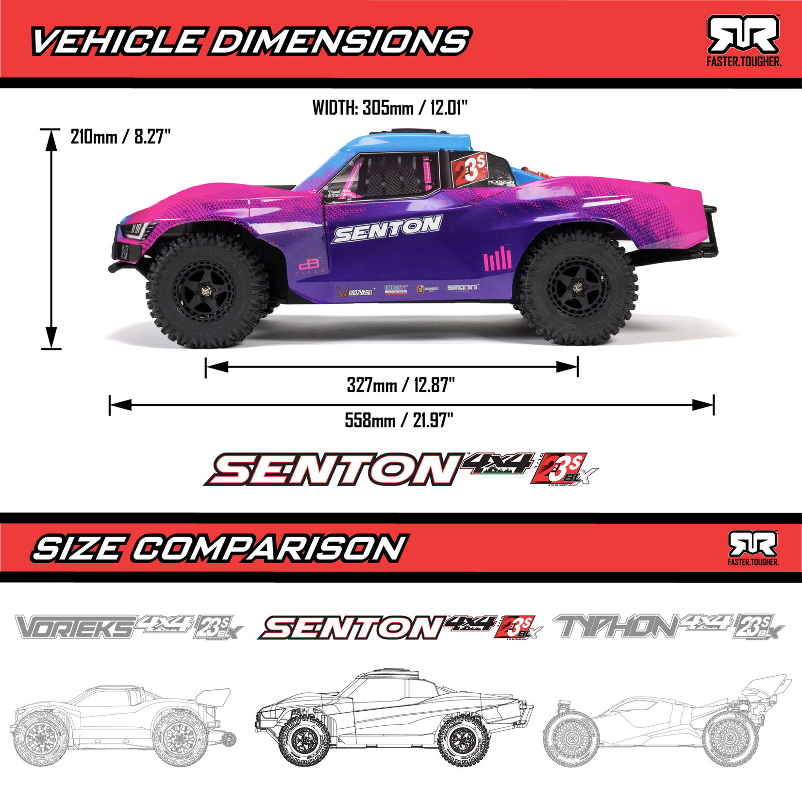 Arrma 1/10 SENTON 223S BLX Brushless 4X4 Short Course Truck RTR with DSC, Red